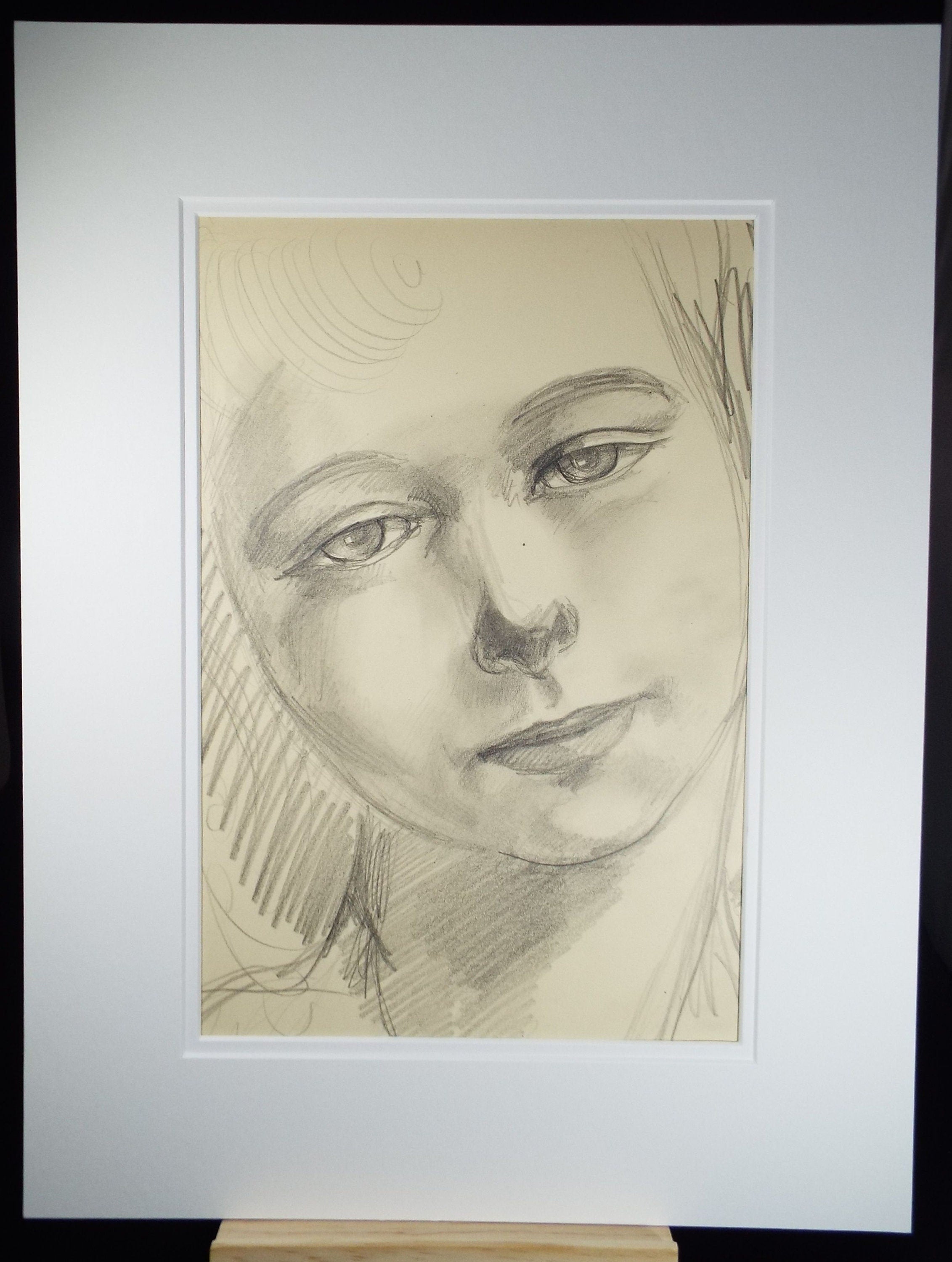 Original Pencil Drawing 'Portrait of Girl', c1980s, Artist Unknown