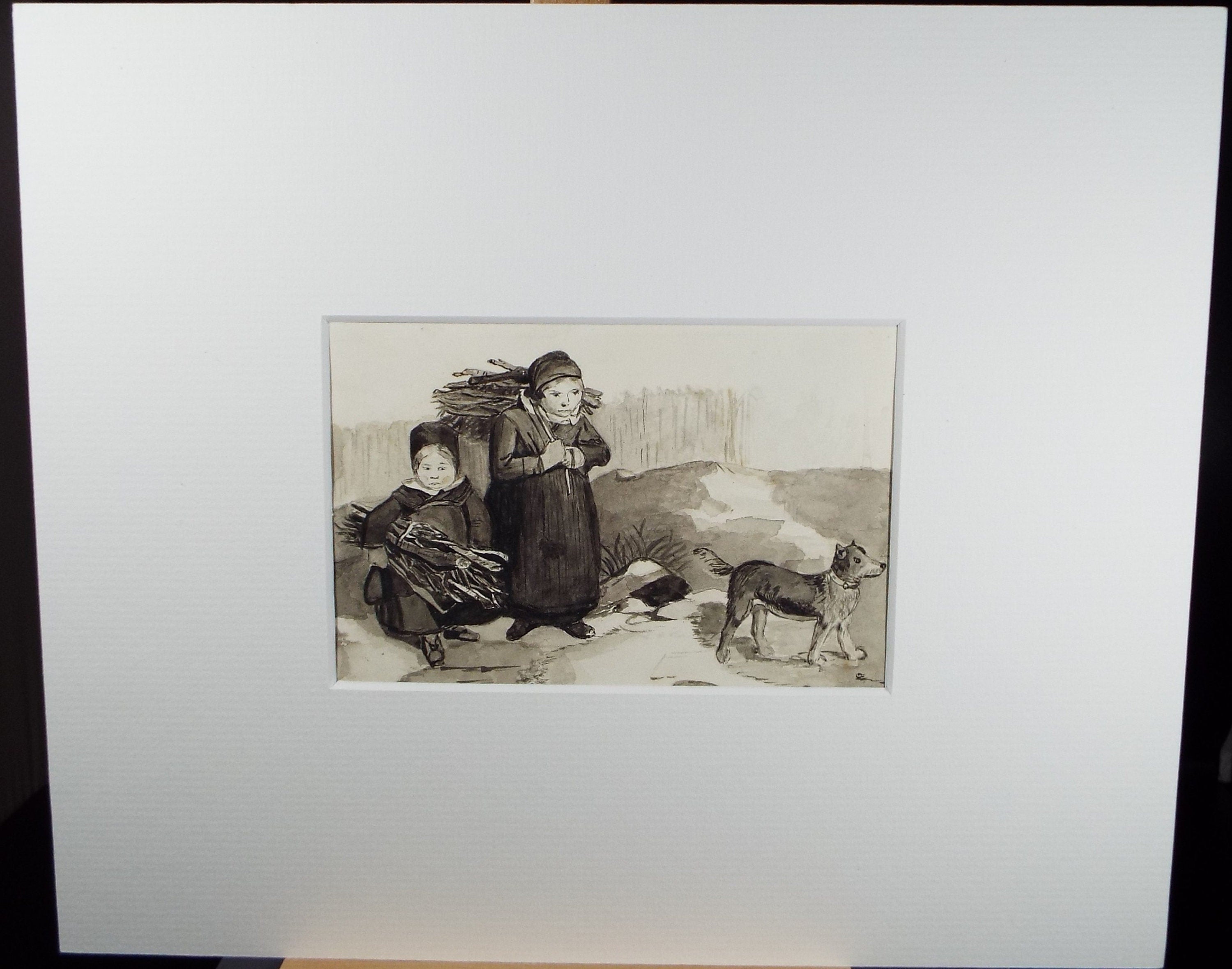 Original Pen & Ink Drawing, 'Women gathering firewood', Mid 19th Century, Artist Unknown