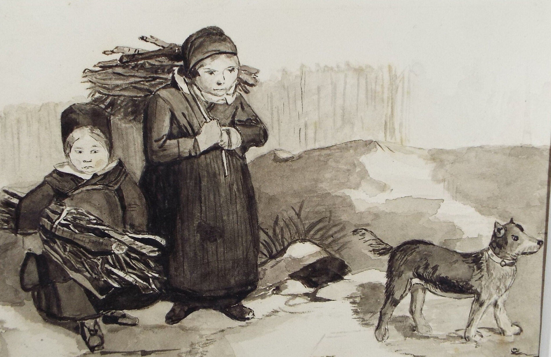 Original Pen & Ink Drawing, 'Women gathering firewood', Mid 19th Century, Artist Unknown