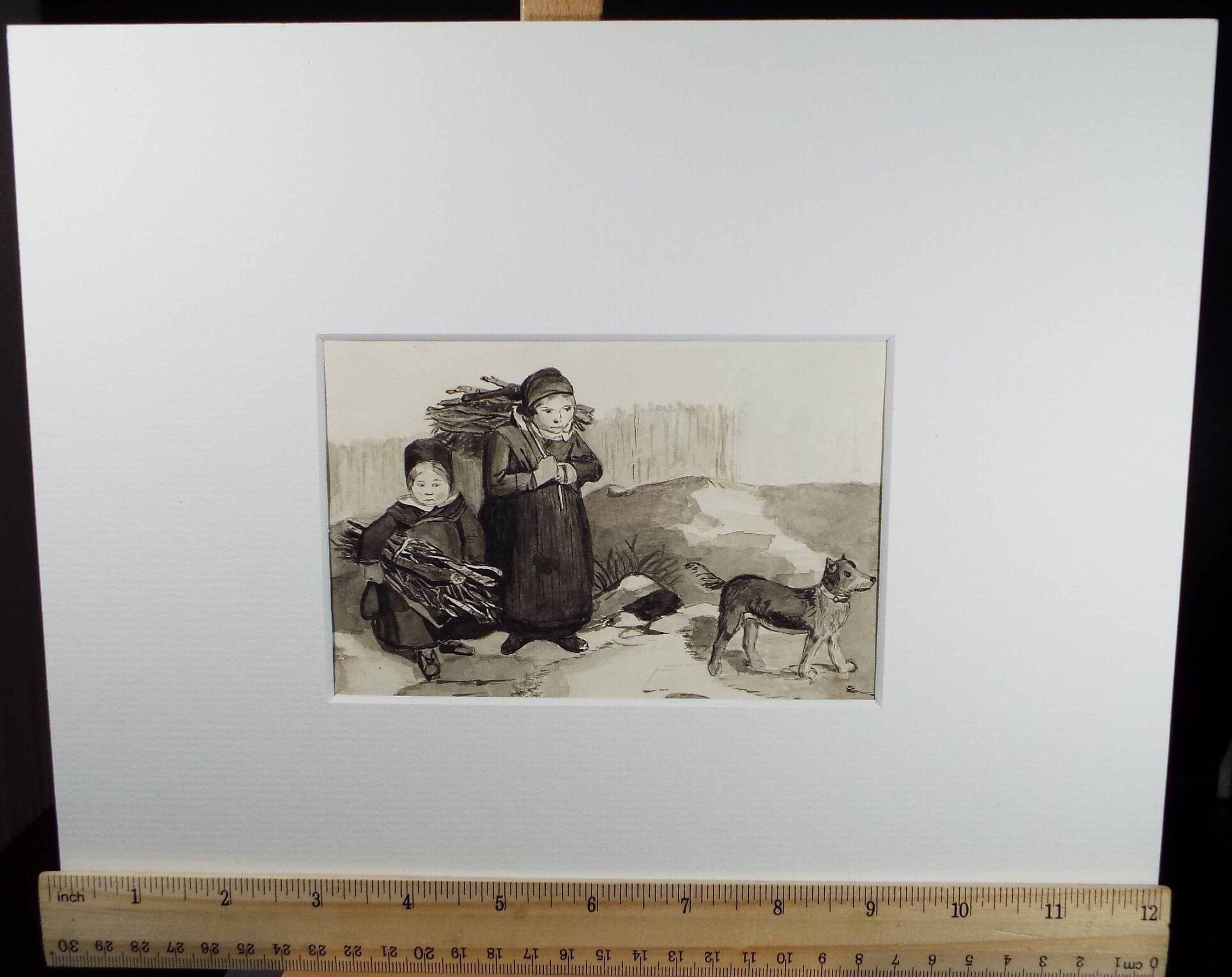 Original Pen & Ink Drawing, 'Women gathering firewood', Mid 19th Century, Artist Unknown