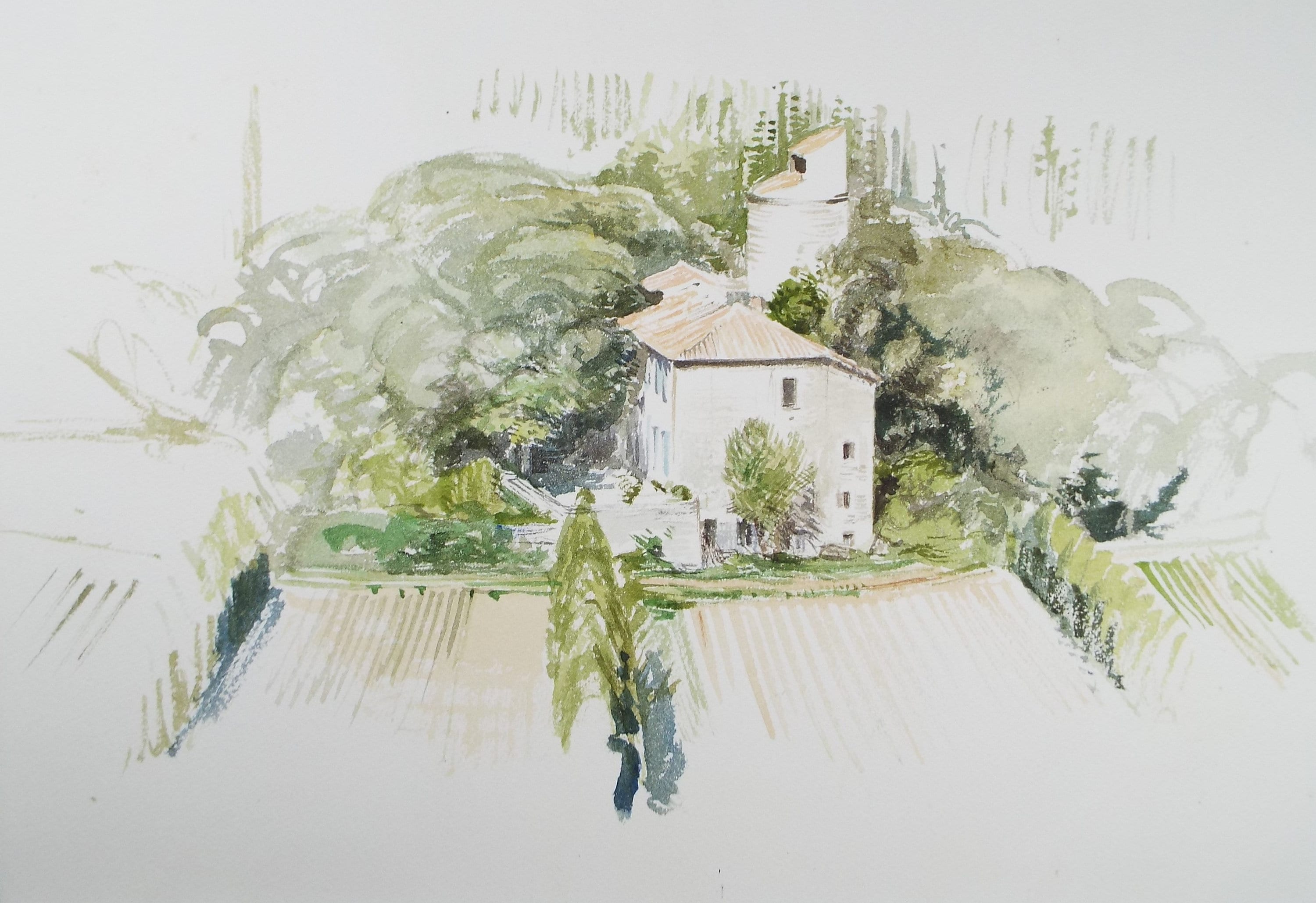 Original Watercolour on Paper, 'Tuscan Farmhouse', Dated 1963', Artist Unknown