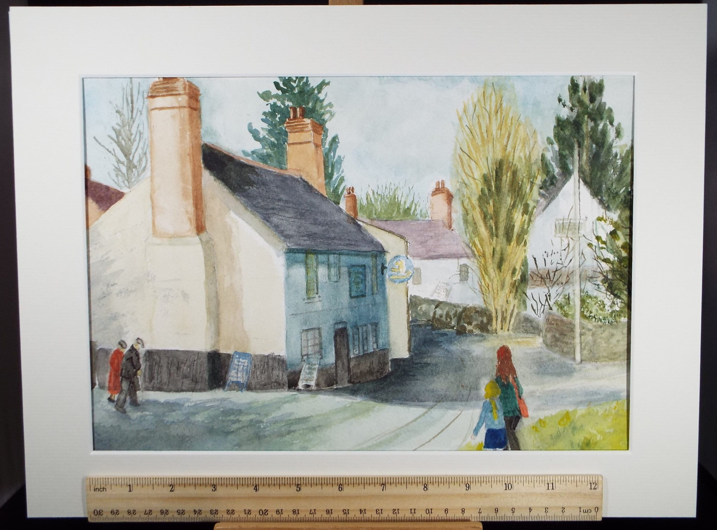 Original Watercolour, 'Village street with figures', Circa 1980s, Artist Unknown