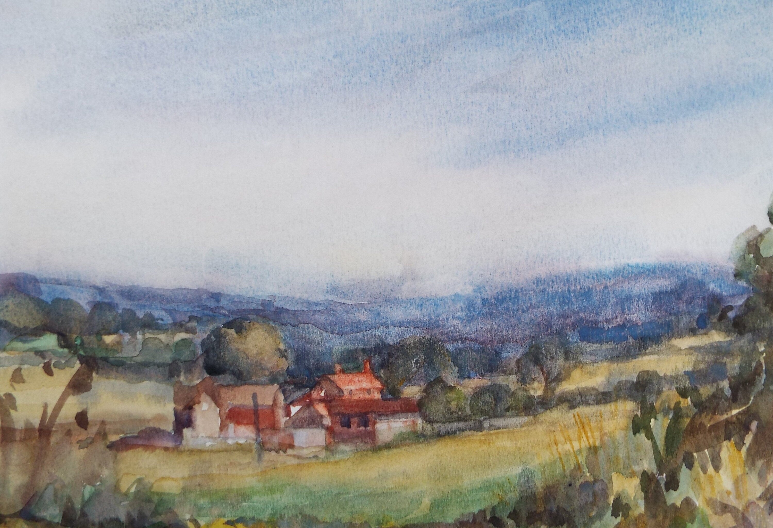 Original Watercolour, 'Farmstead in a Green Landscape , Muriel Hayden Inwood, circa 1970's