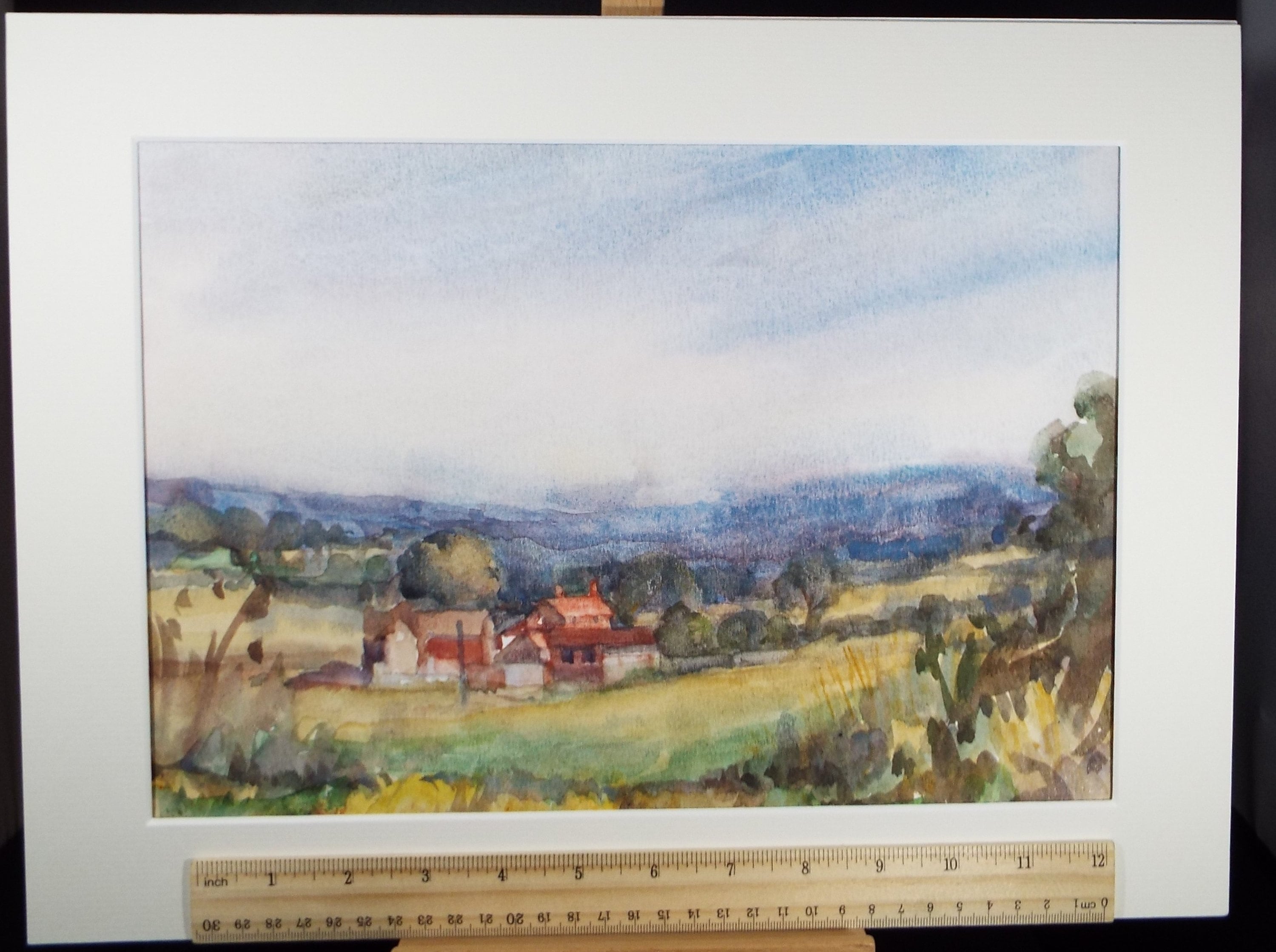 Original Watercolour, 'Farmstead in a Green Landscape , Muriel Hayden Inwood, circa 1970's