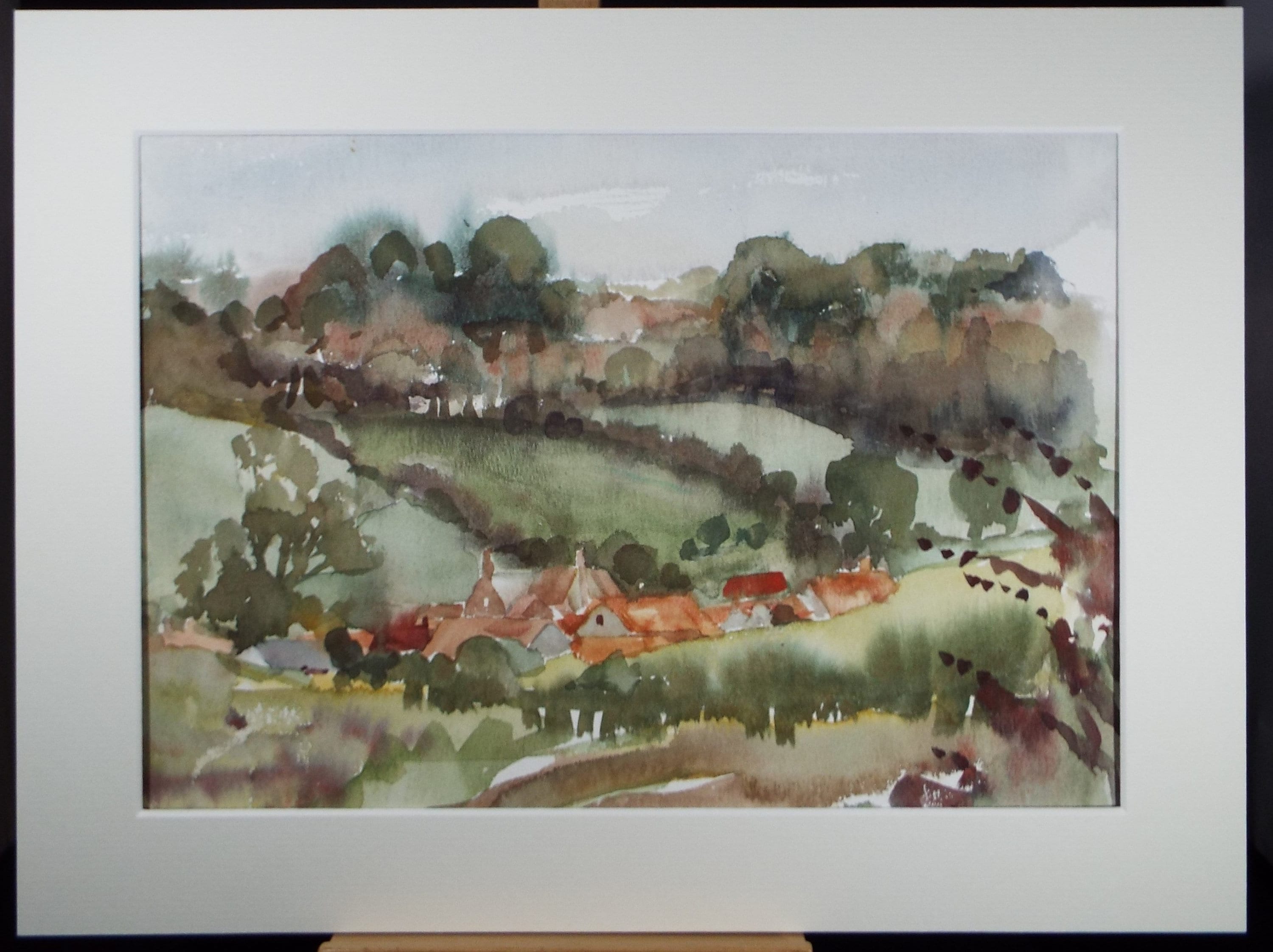 Original Watercolour, 'Village in a Green Landscape , Muriel Hayden Inwood, circa 1970's