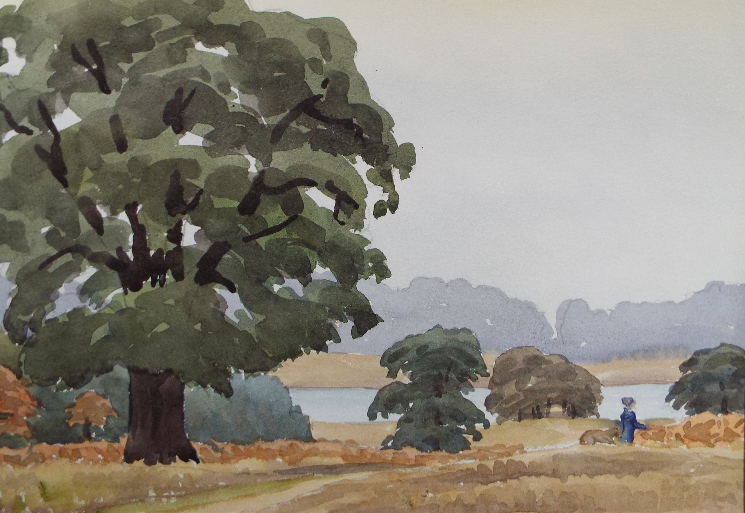 Original Watercolour, 'Figure with a Dog in a Landscape', George Godfrey (20th Century, Scottish), circa 1970's