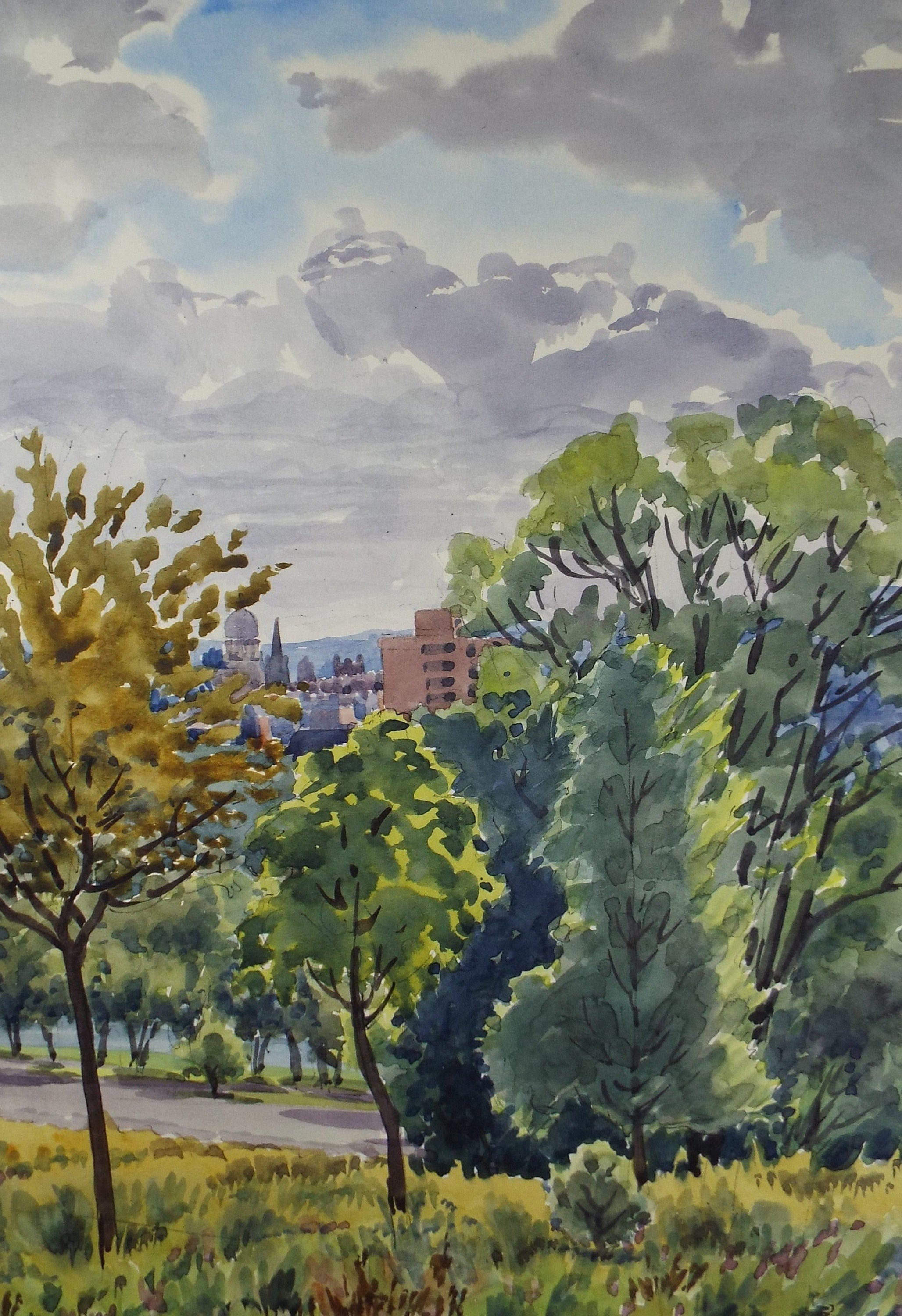 Original Watercolour, 'Parkland, City Beyond', George Godfrey (20th Century, Scottish), Circa 1960's