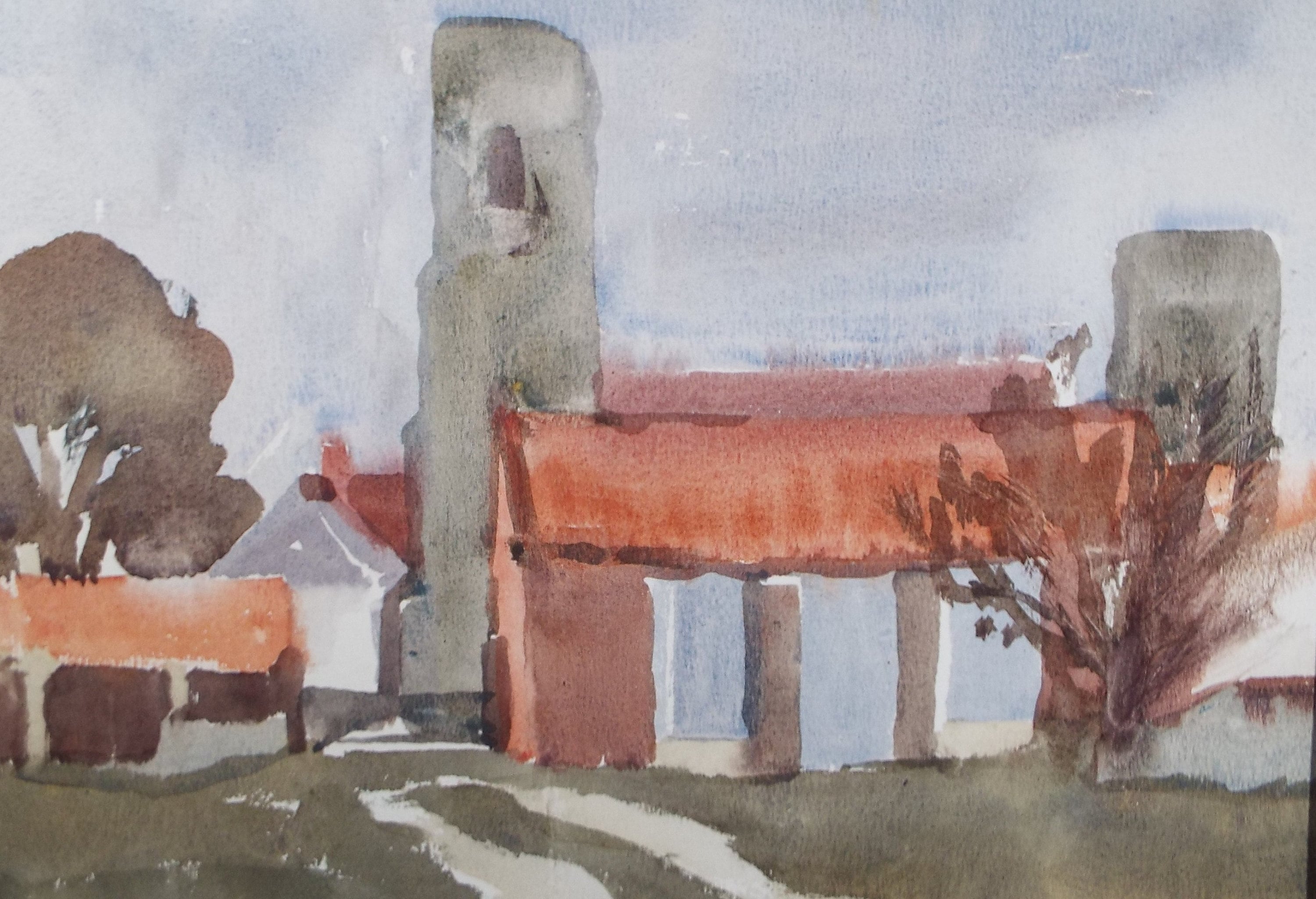 Original Watercolour, 'Village Church' , Muriel Hayden Inwood, circa 1970's