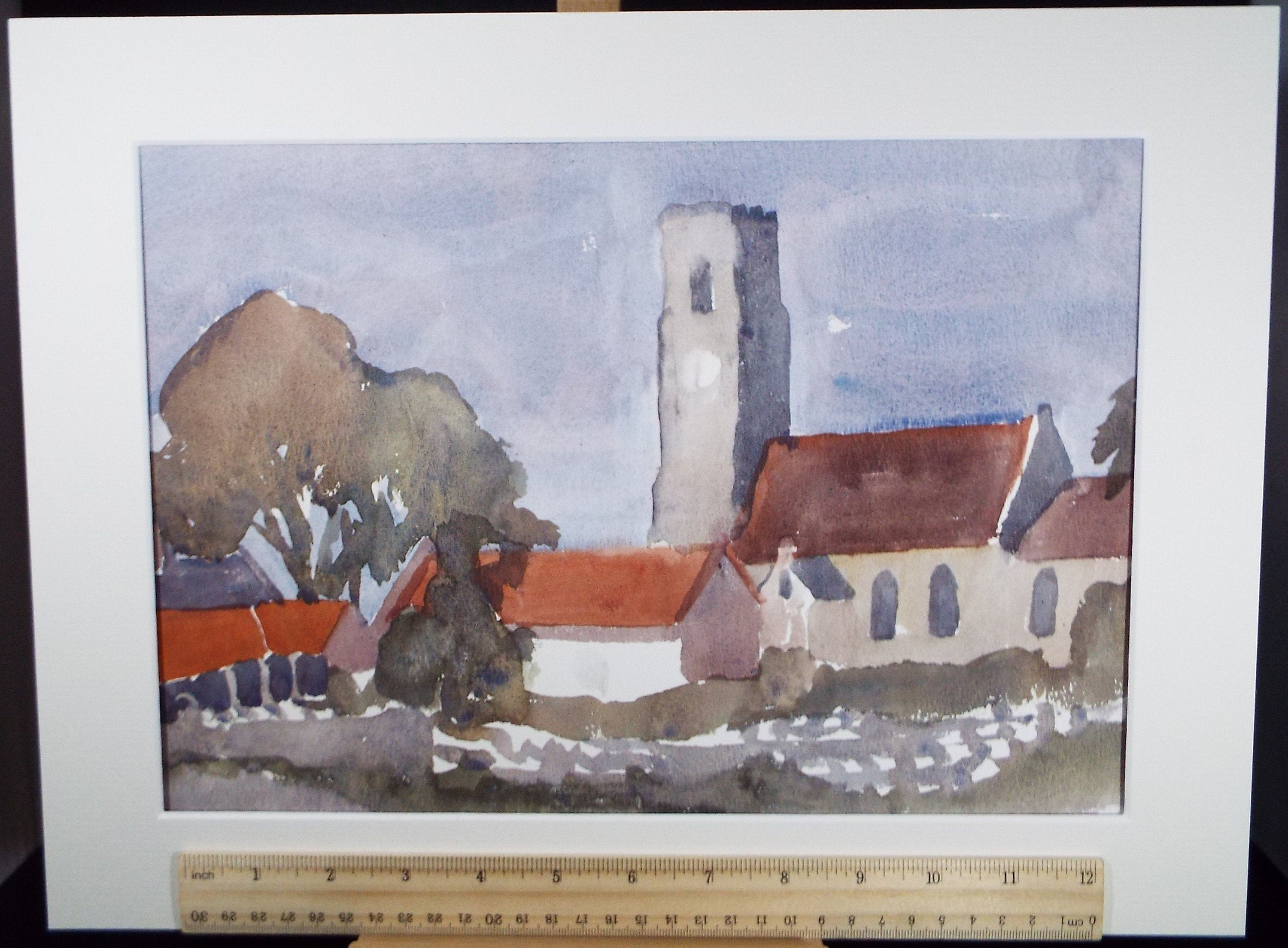 Original Watercolour, 'Village Church' , Muriel Hayden Inwood, circa 1970's