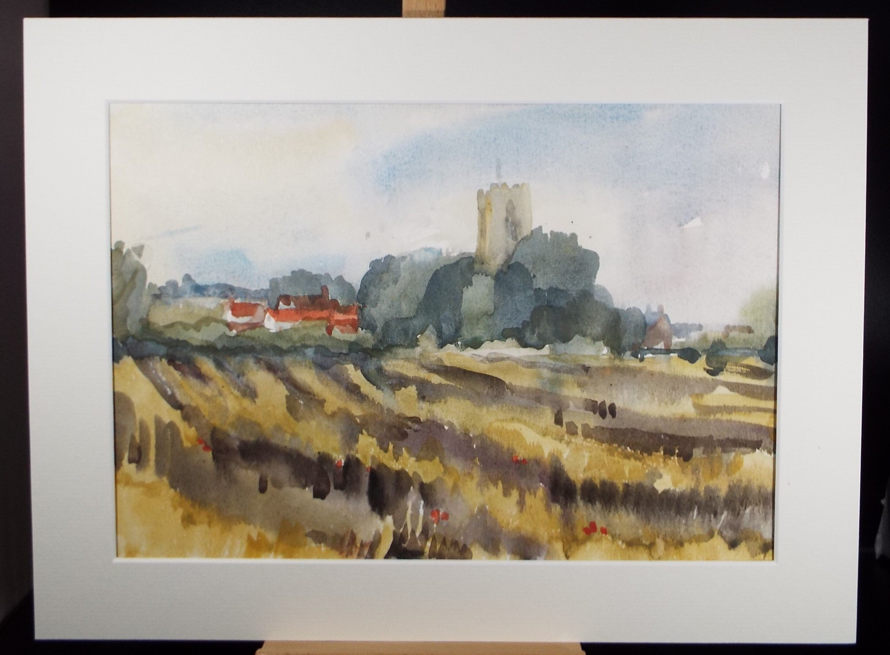 Original Watercolour, 'Cornfields with Village Beyond' , Muriel Hayden Inwood, circa 1970's