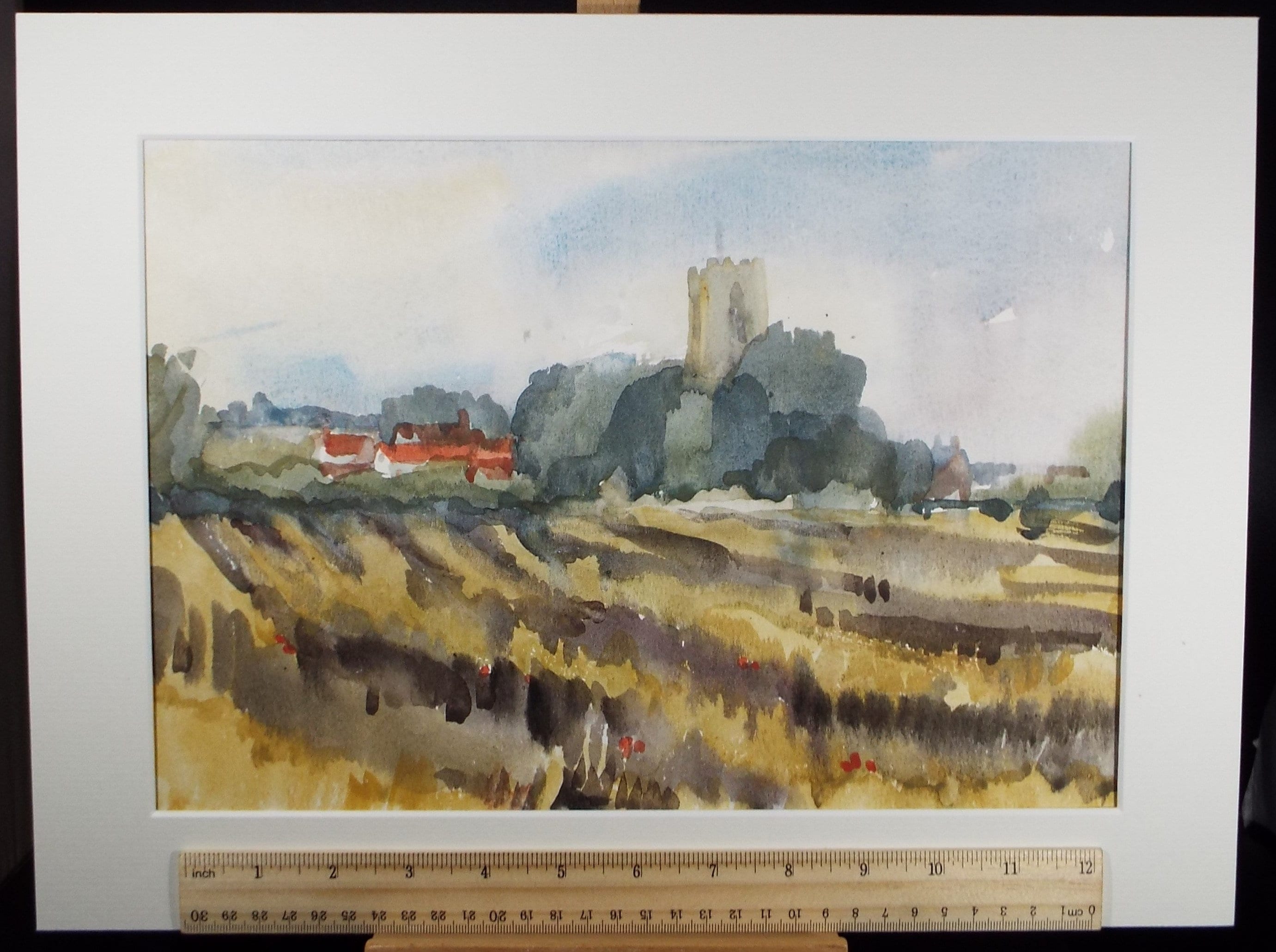 Original Watercolour, 'Cornfields with Village Beyond' , Muriel Hayden Inwood, circa 1970's