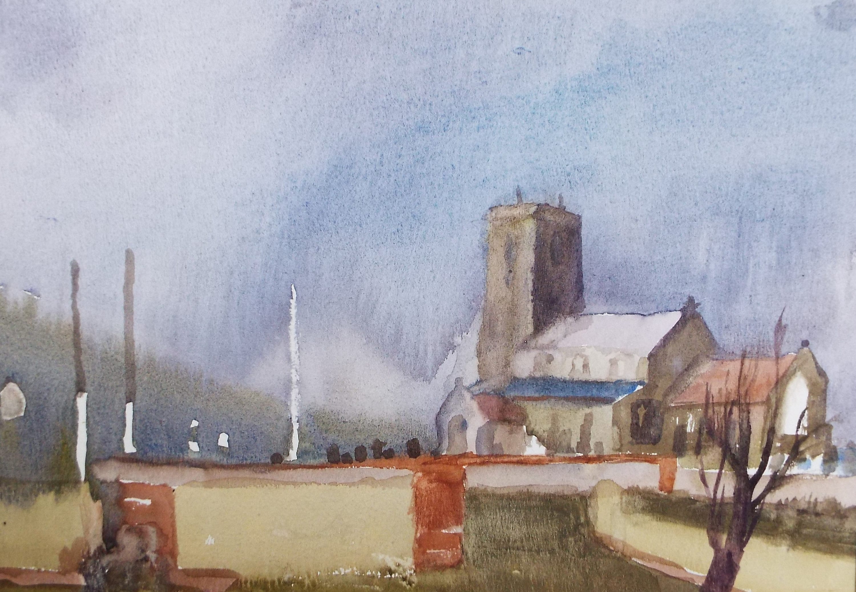 Original Watercolour, 'Village Church' , Muriel Hayden Inwood, circa 1970's