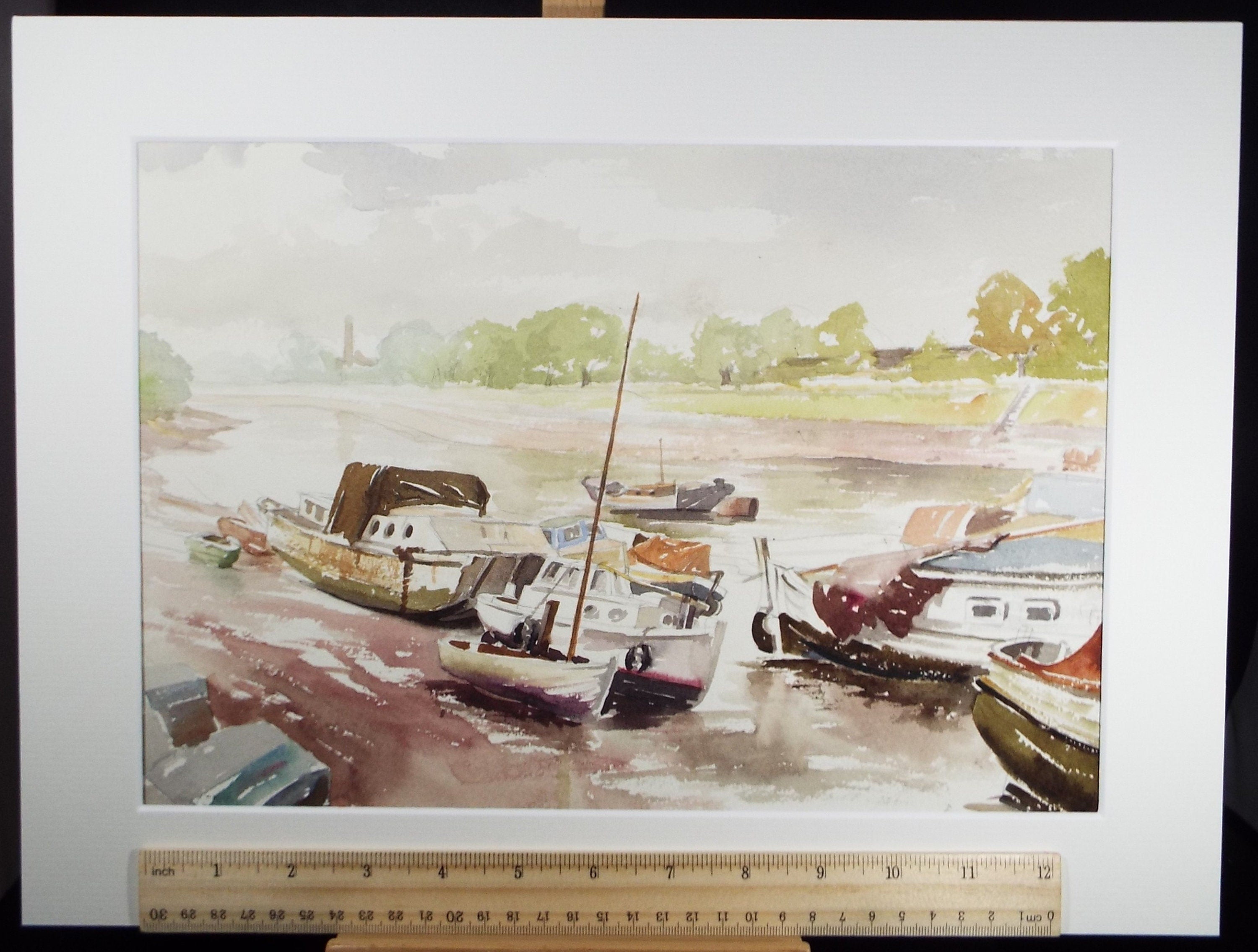 Original Watercolour, 'Thames Boats at low tide', Michael A. Bussey (1930-2014), Circa 1950's