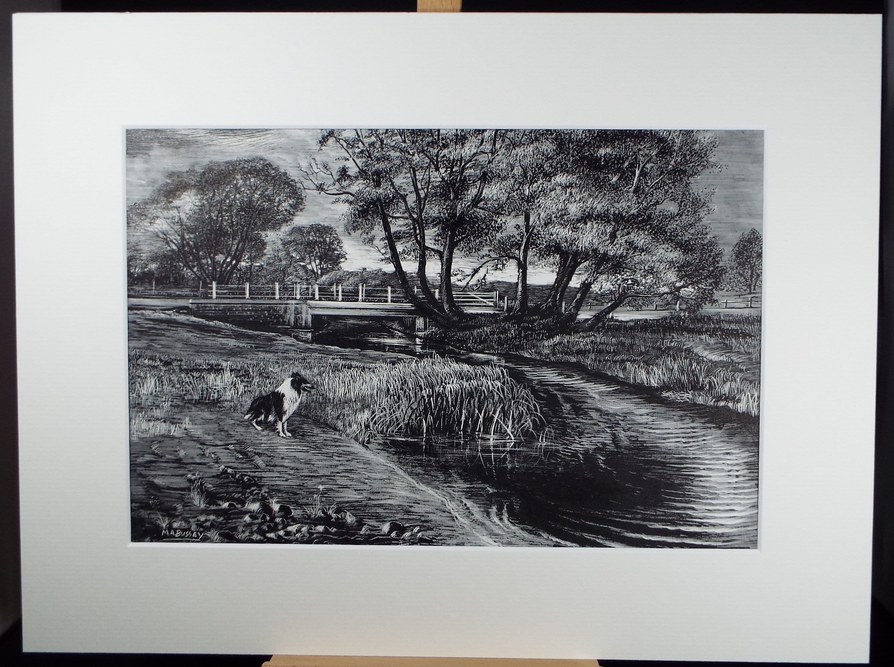 Original Etching on Scraperboard 'River Landscape with Border Collie', Michael A. Bussey, circa 1960's