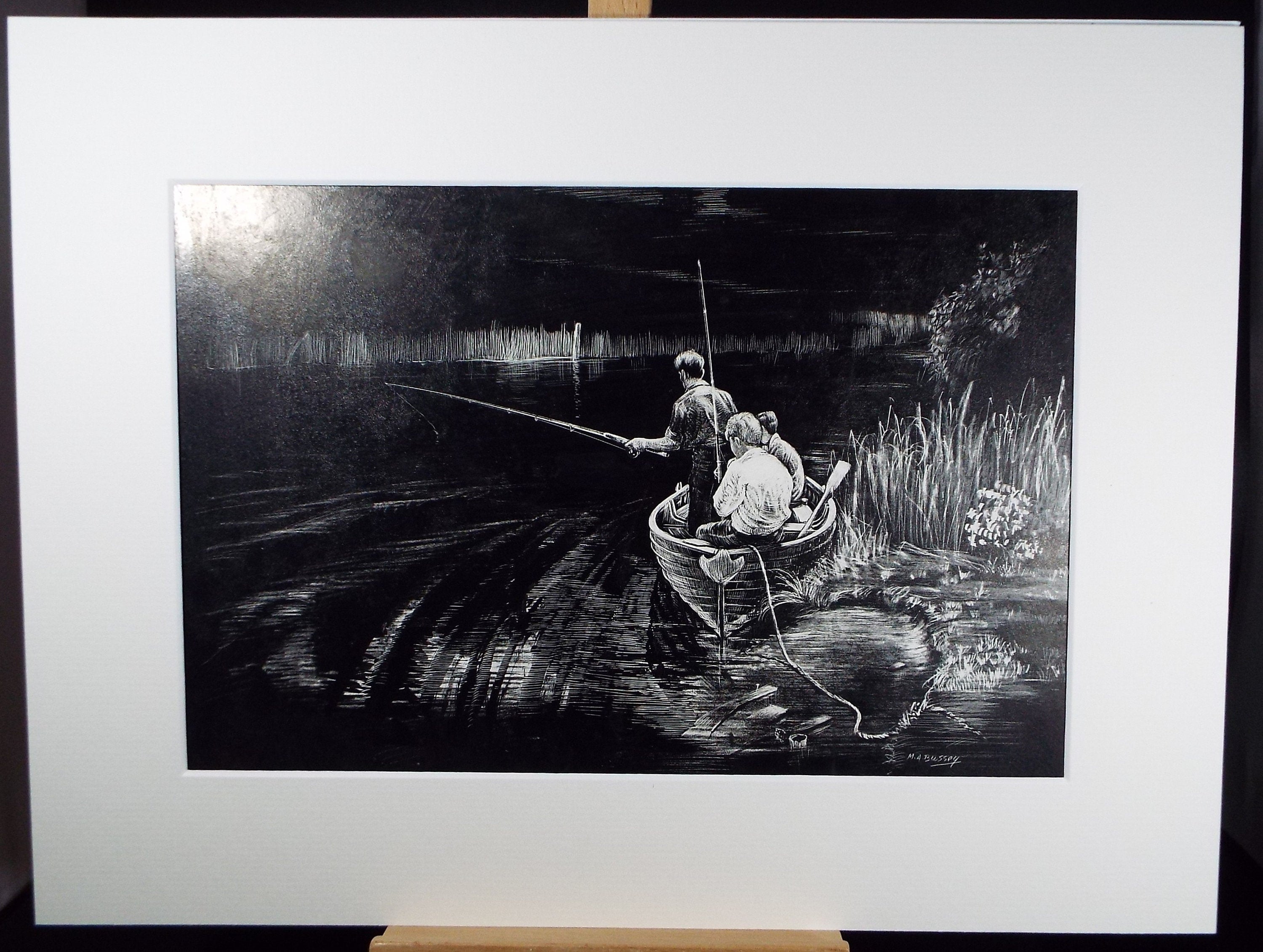 Original Etching on Scraperboard 'Fishing on the Norfolk Broads', Michael A. Bussey, circa 1960's