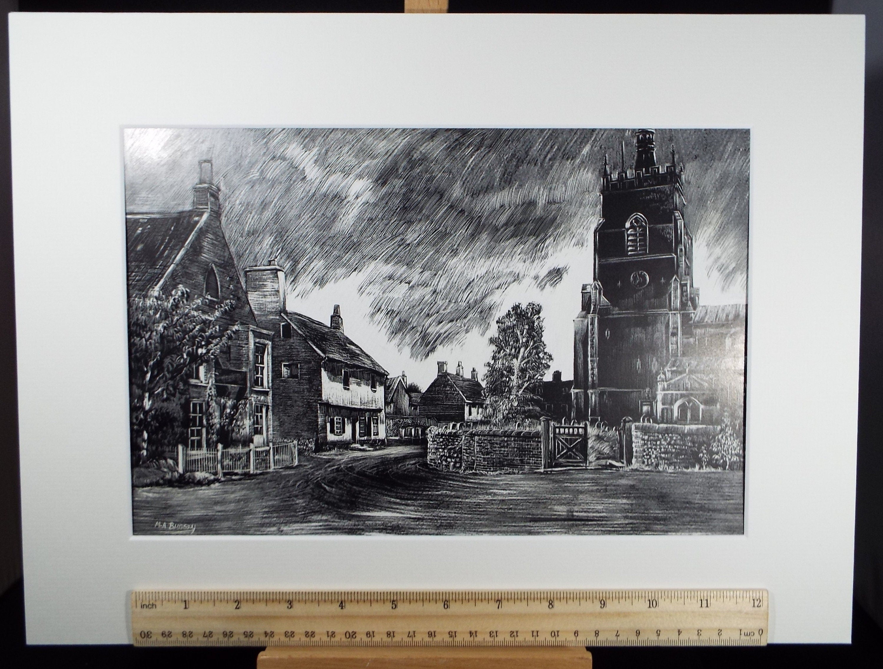 Original Etching on Scraperboard 'A Norfolk Village', Michael A. Bussey, circa 1960's