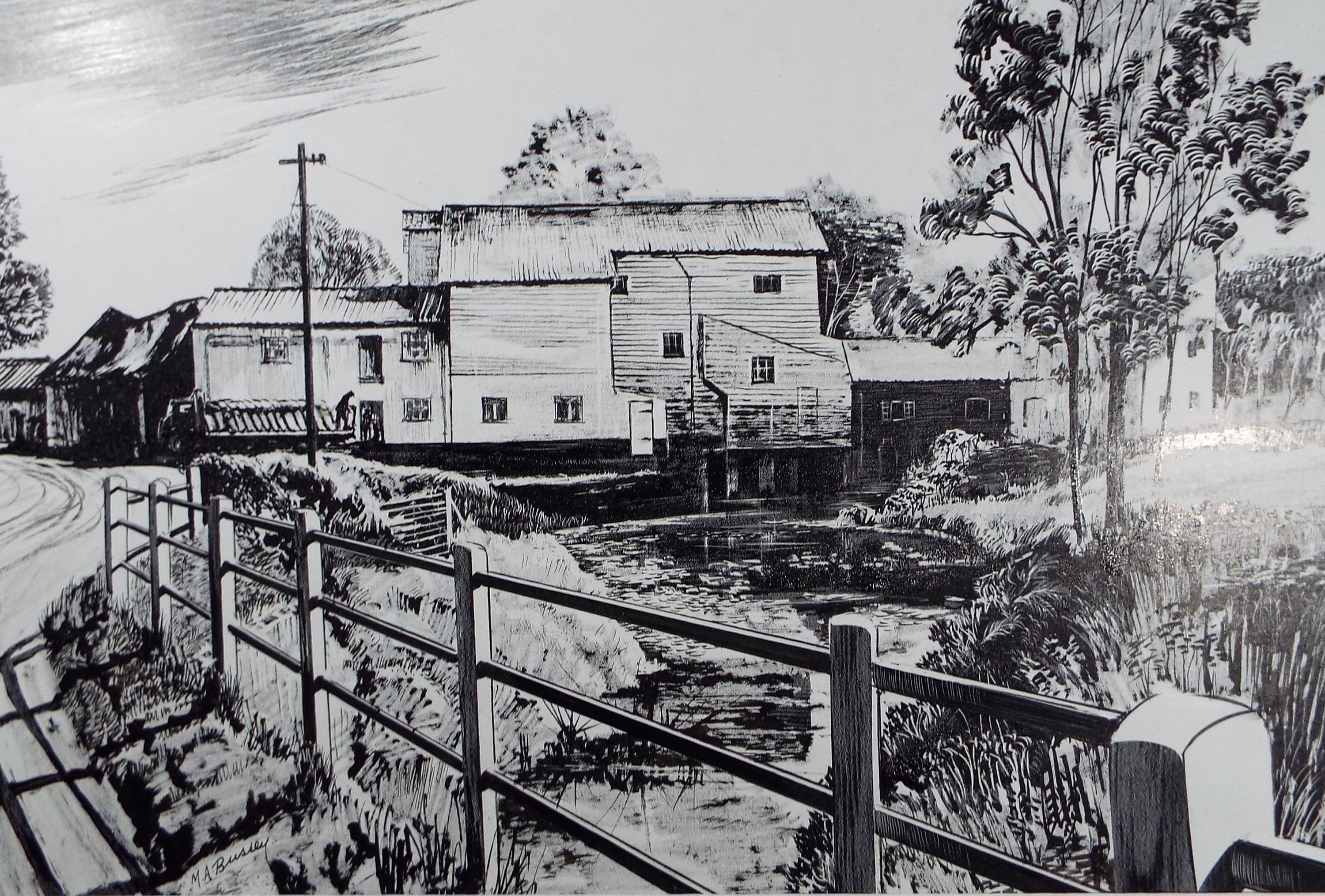 Original Etching on Scraperboard 'The Water Mill', Michael A. Bussey, circa 1960's