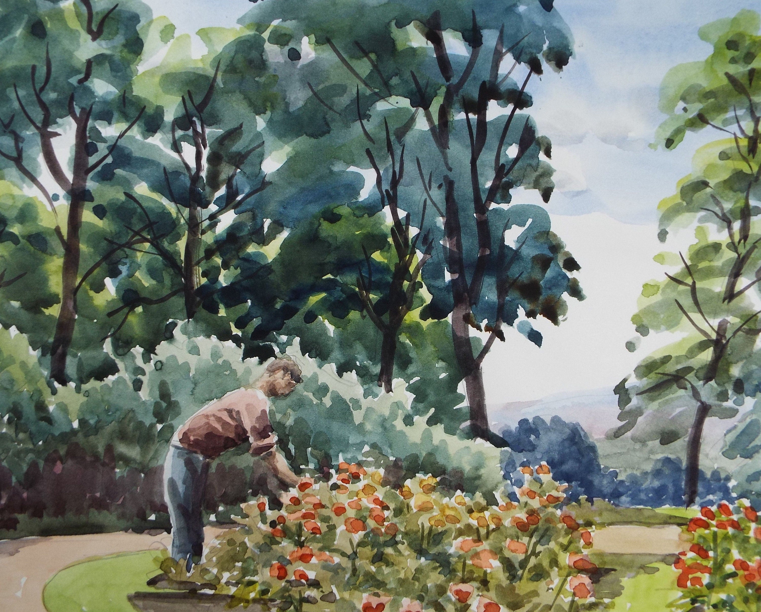 Original Watercolour, 'Gardener tending Flowers', George Godfrey, circa 1970's