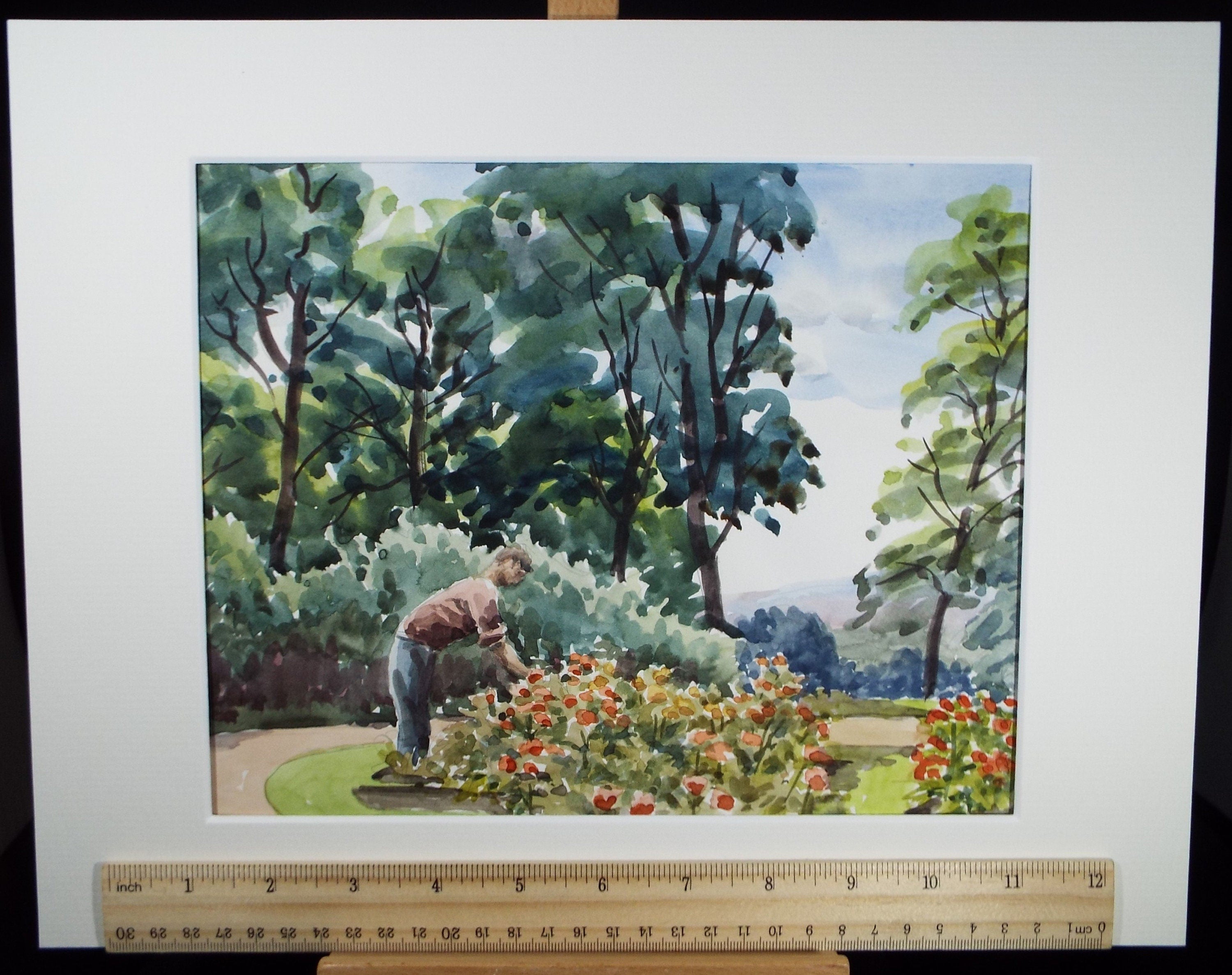 Original Watercolour, 'Gardener tending Flowers', George Godfrey, circa 1970's