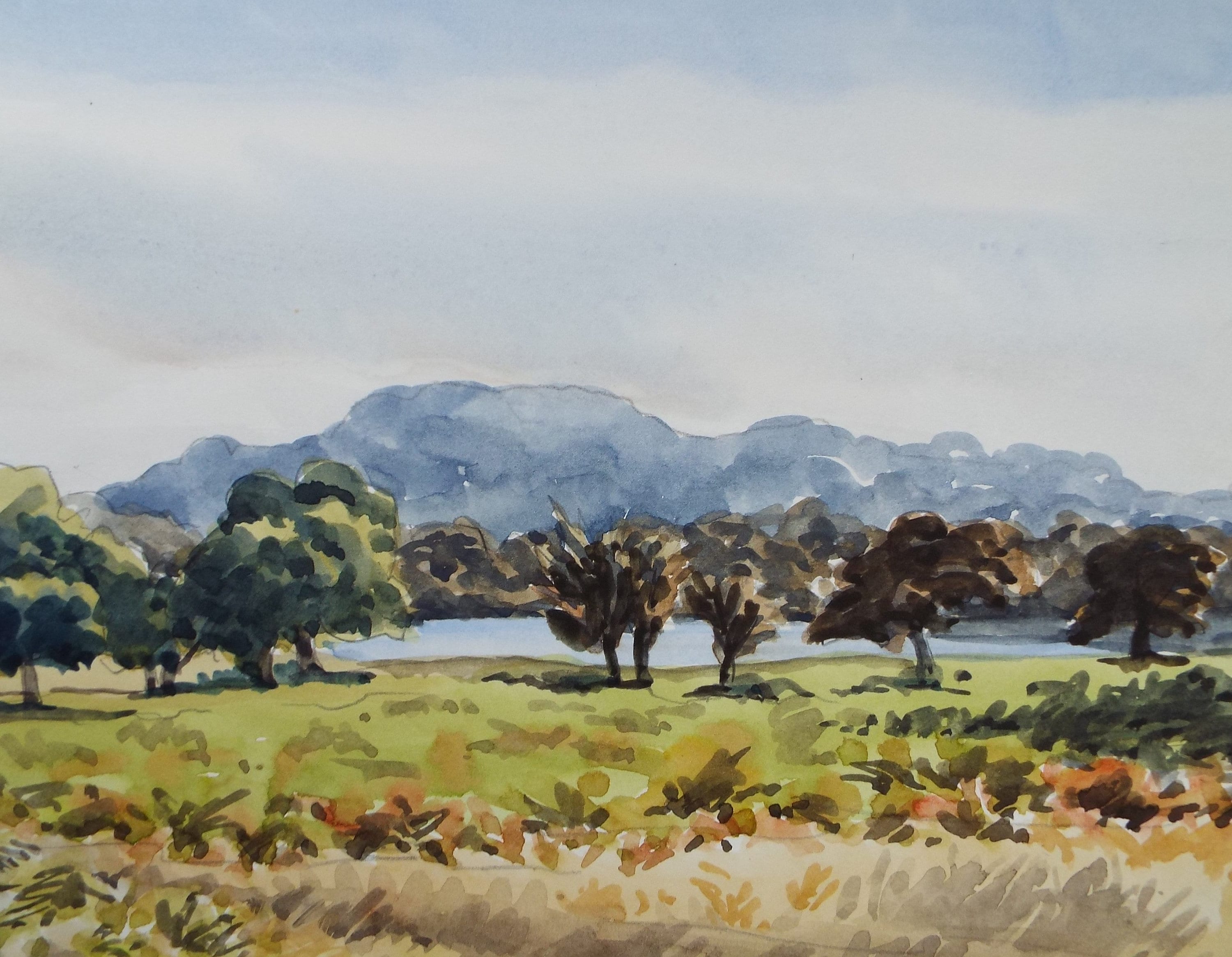 Original Watercolour, 'Distant Blue Mountains', George Godfrey, circa 1970's