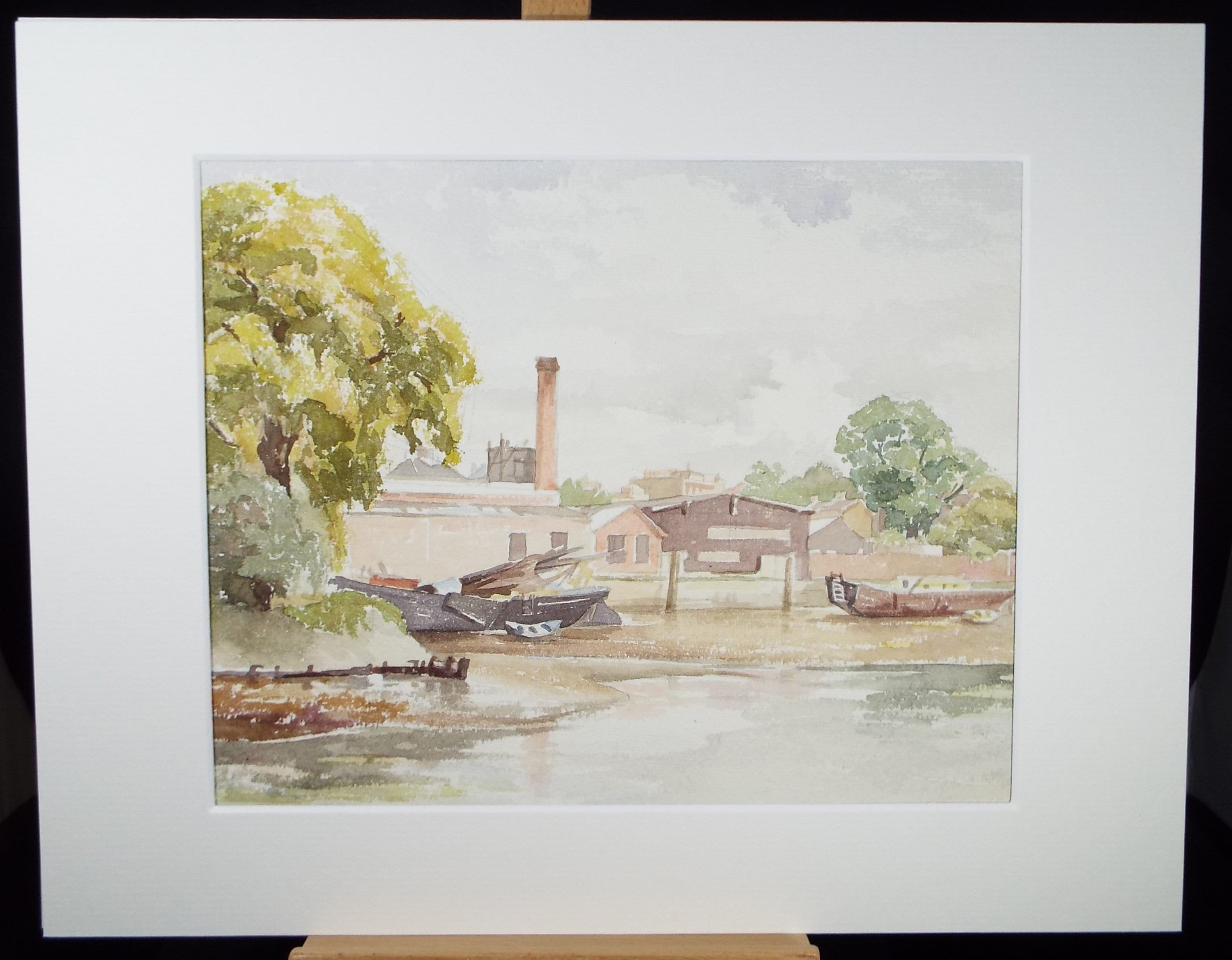 Original Watercolour, 'Barges at low tide', Michael A. Bussey 1920-2014, circa 1950's