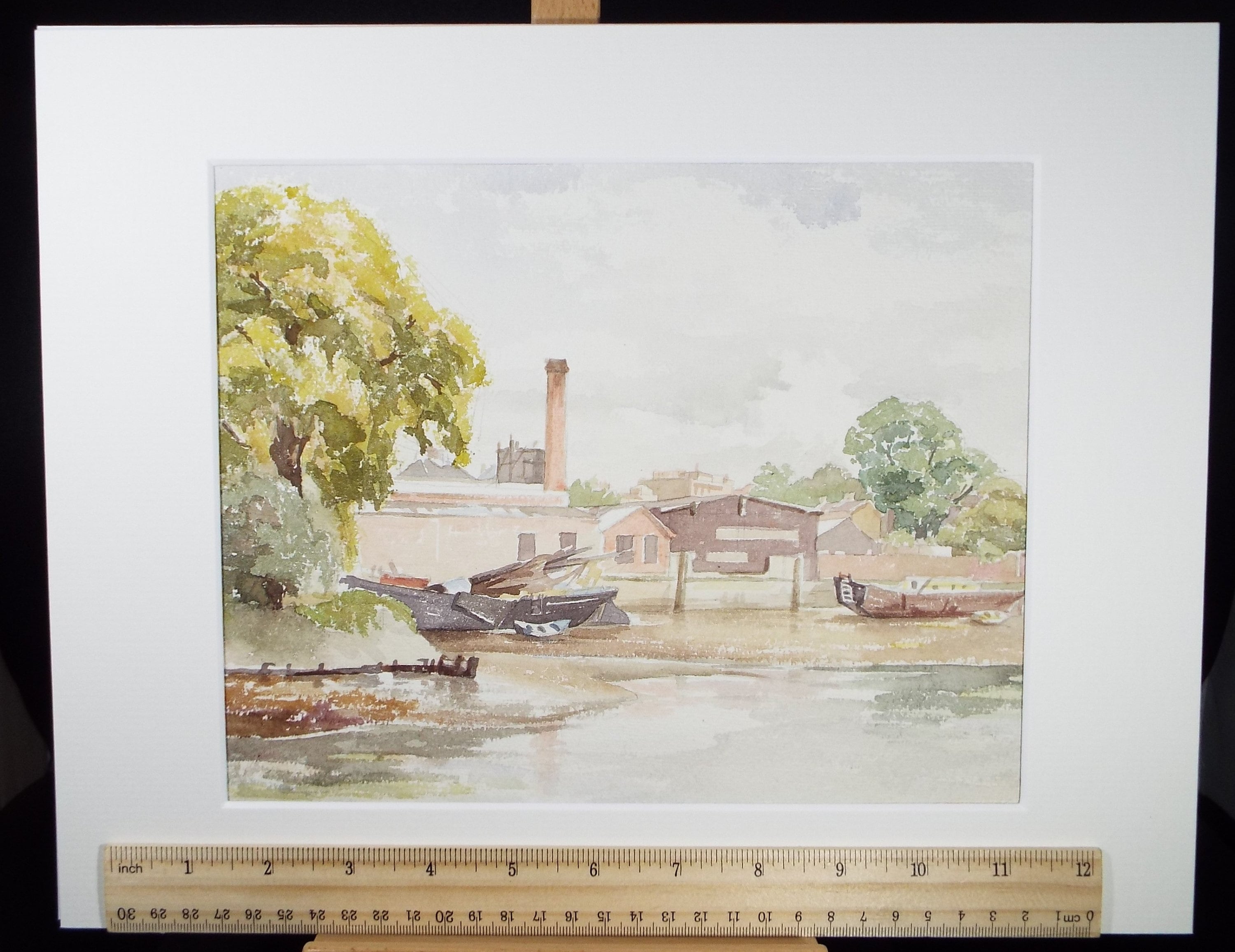 Original Watercolour, 'Barges at low tide', Michael A. Bussey 1920-2014, circa 1950's