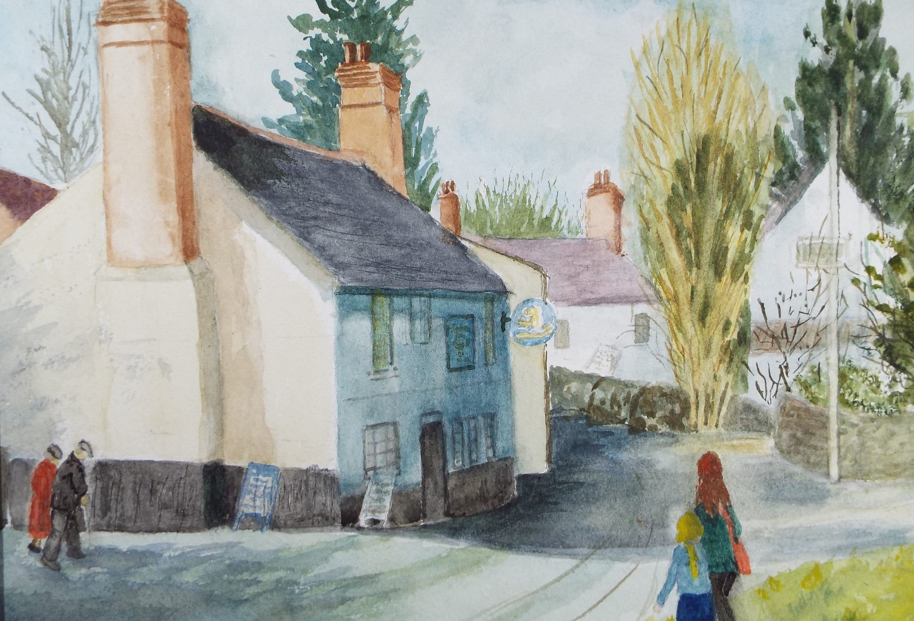 Original Watercolour, 'Village street with figures', Circa 1980s, Artist Unknown