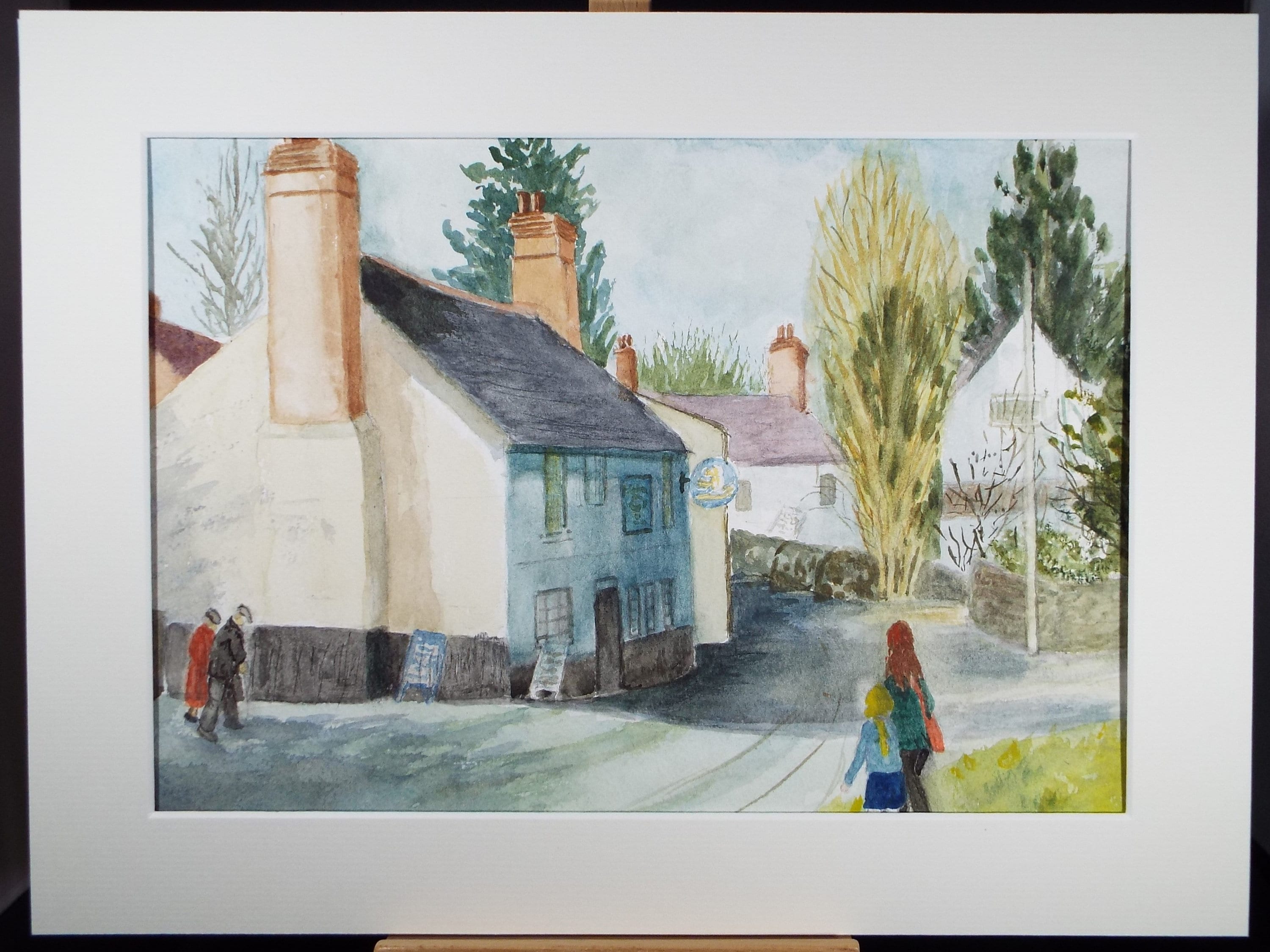 Original Watercolour, 'Village street with figures', Circa 1980s, Artist Unknown