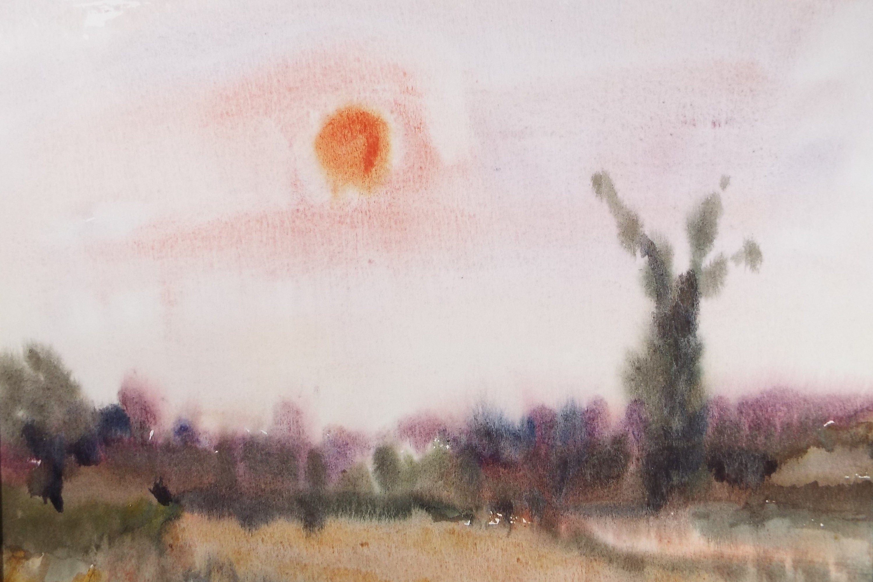 Original Watercolour, 'Cornfields at Sunset' , Muriel Hayden Inwood, circa 1970's