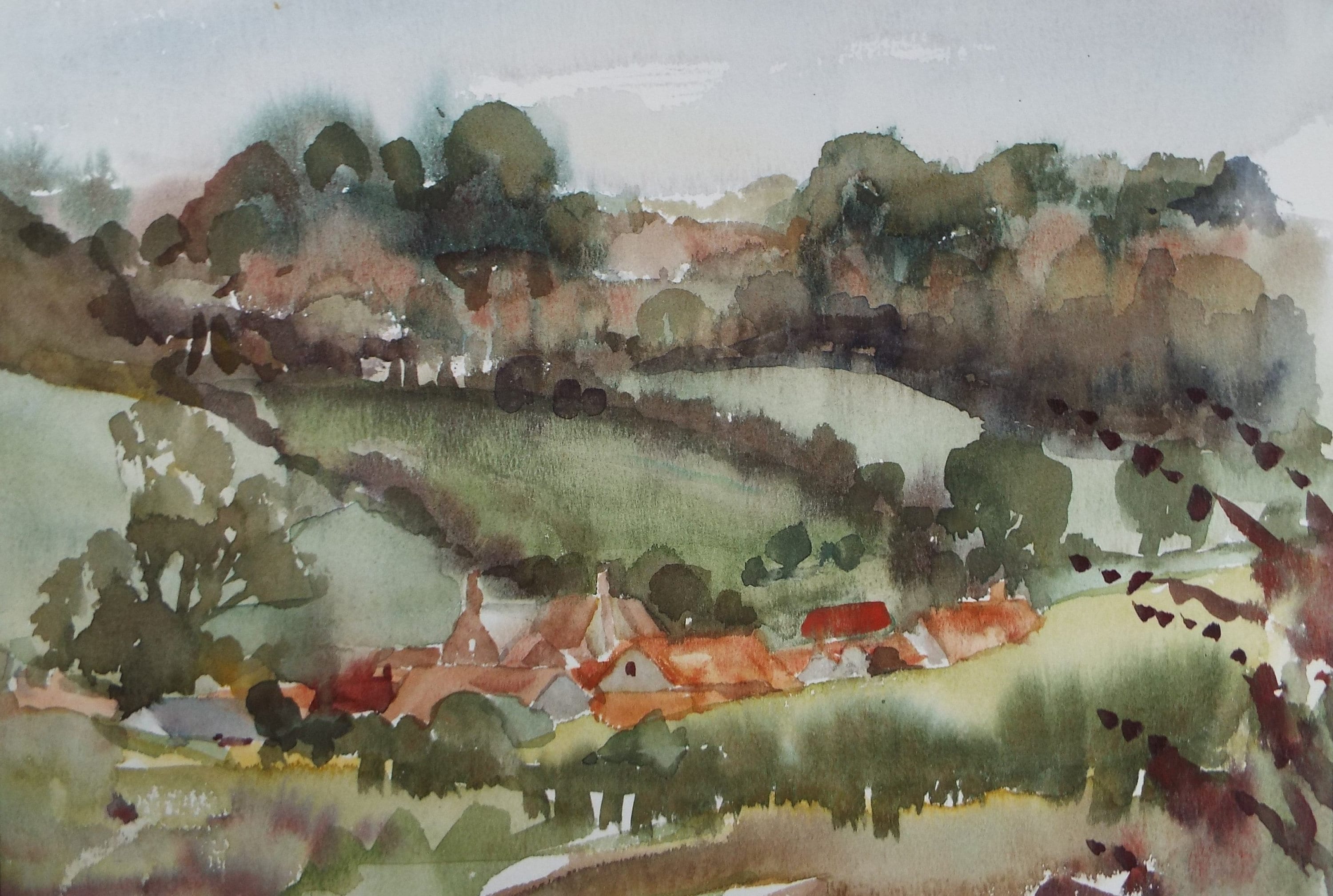 Original Watercolour, 'Village in a Green Landscape , Muriel Hayden Inwood, circa 1970's