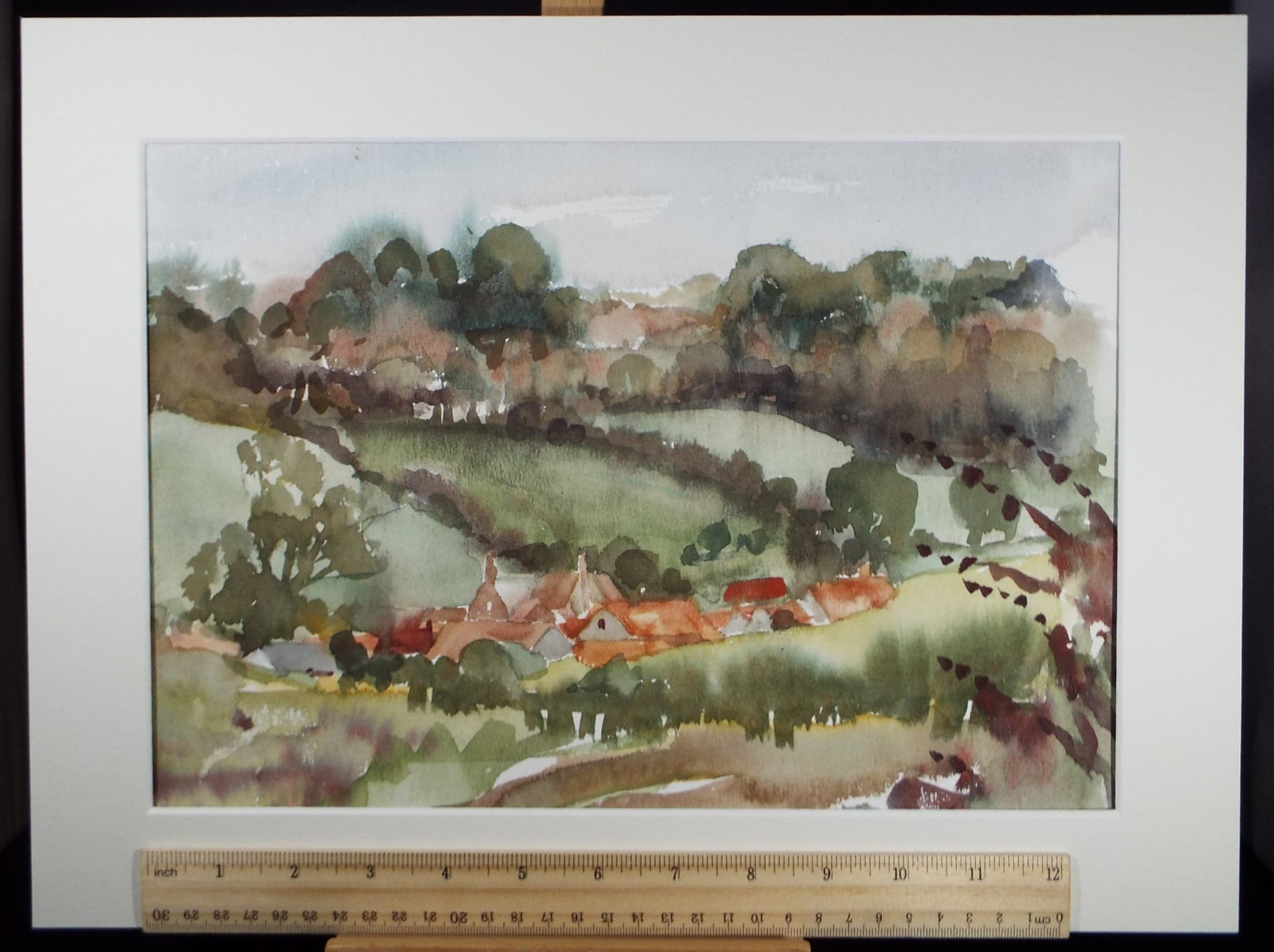 Original Watercolour, 'Village in a Green Landscape , Muriel Hayden Inwood, circa 1970's