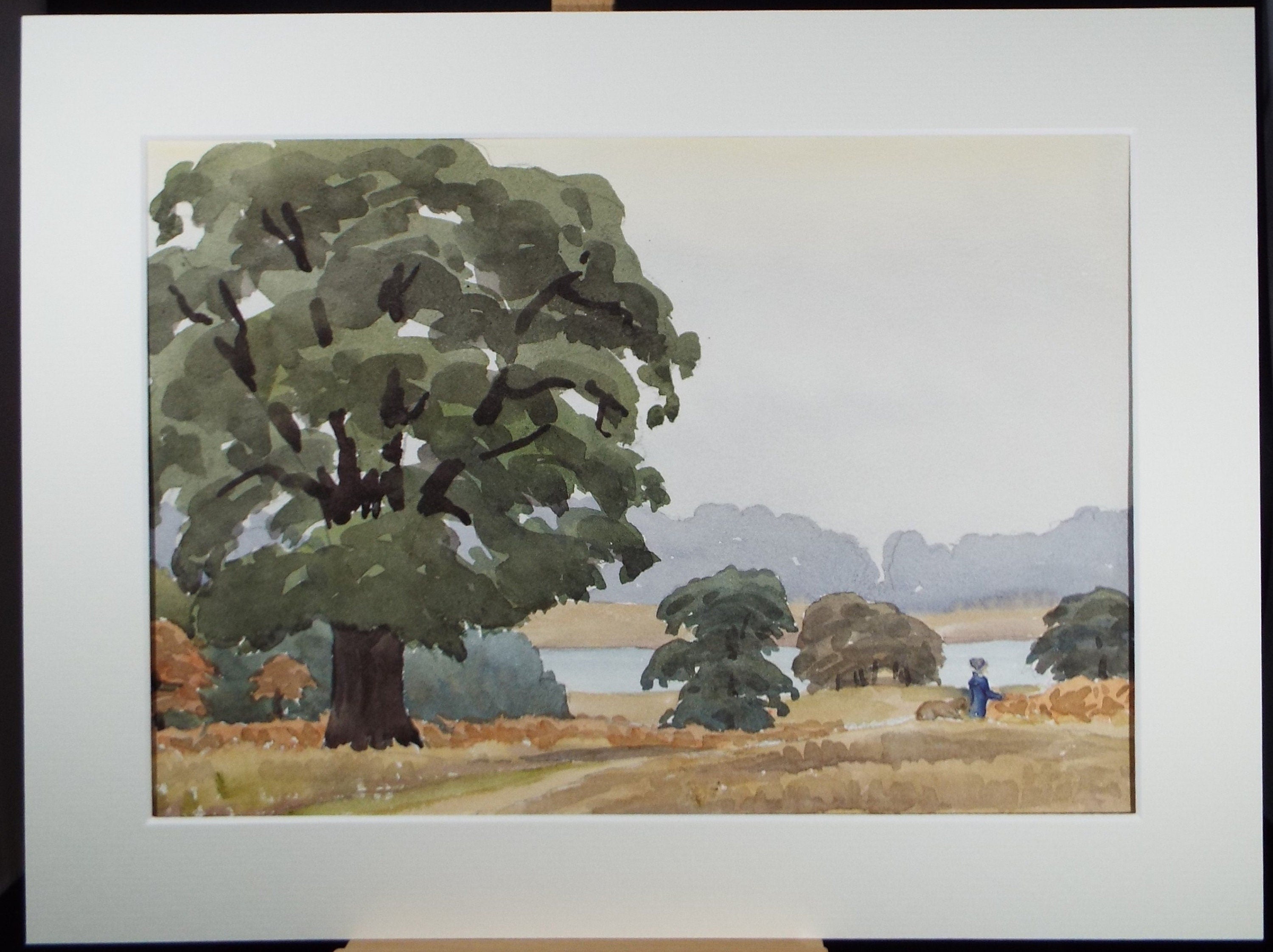 Original Watercolour, 'Figure with a Dog in a Landscape', George Godfrey (20th Century, Scottish), circa 1970's