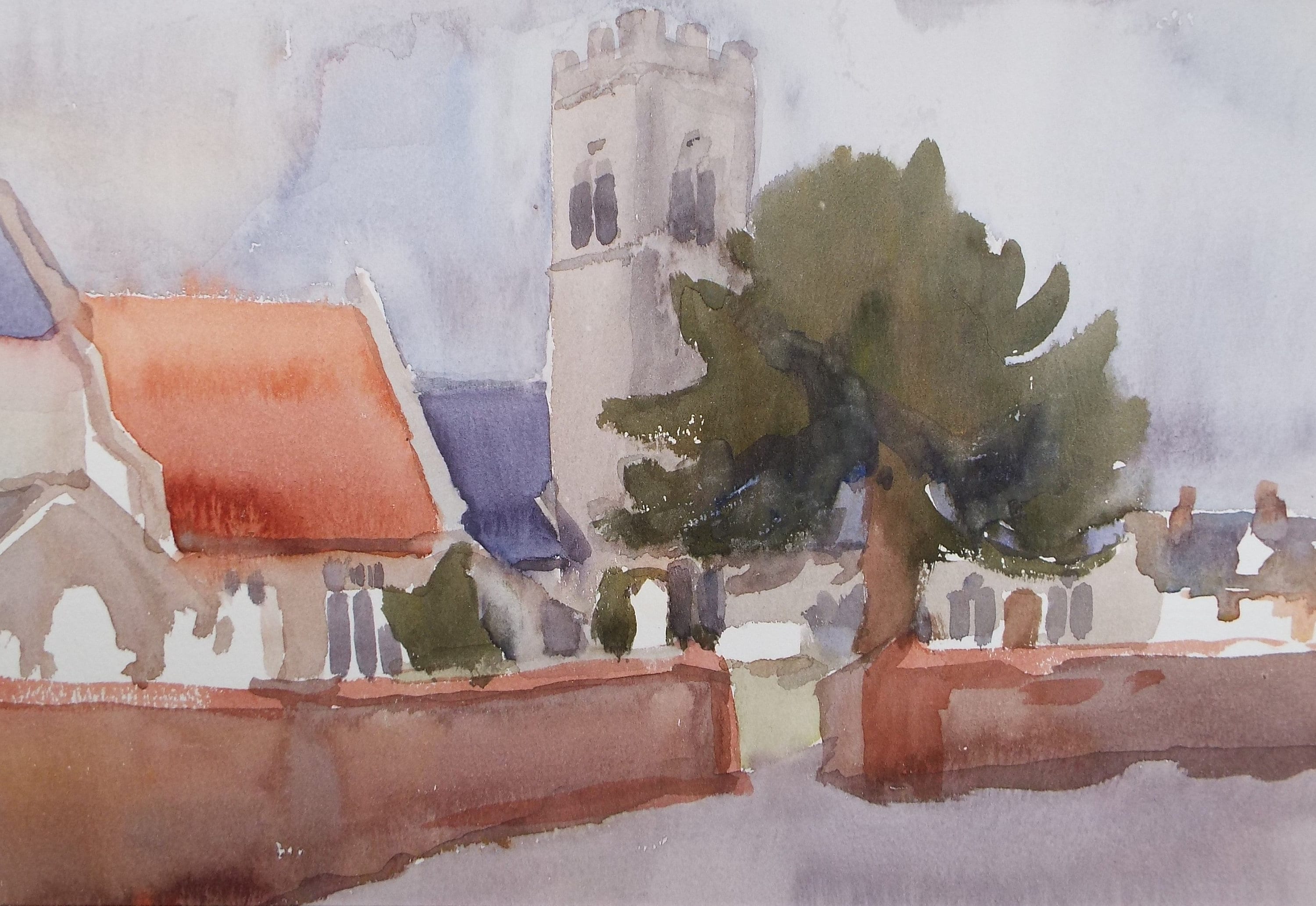 Original Watercolour, 'Village Church' , Muriel Hayden Inwood, circa 1970's