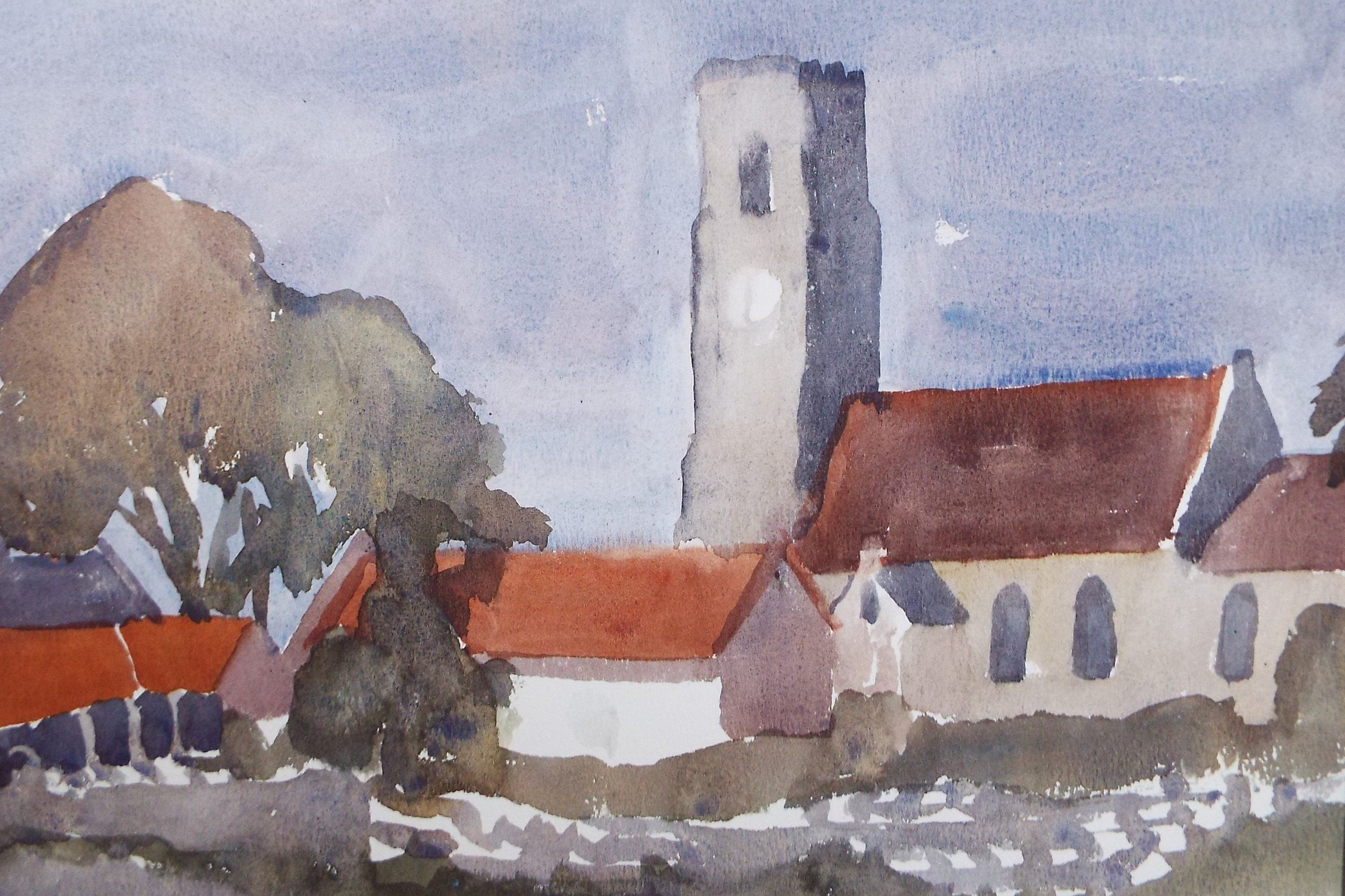 Original Watercolour, 'Village Church' , Muriel Hayden Inwood, circa 1970's