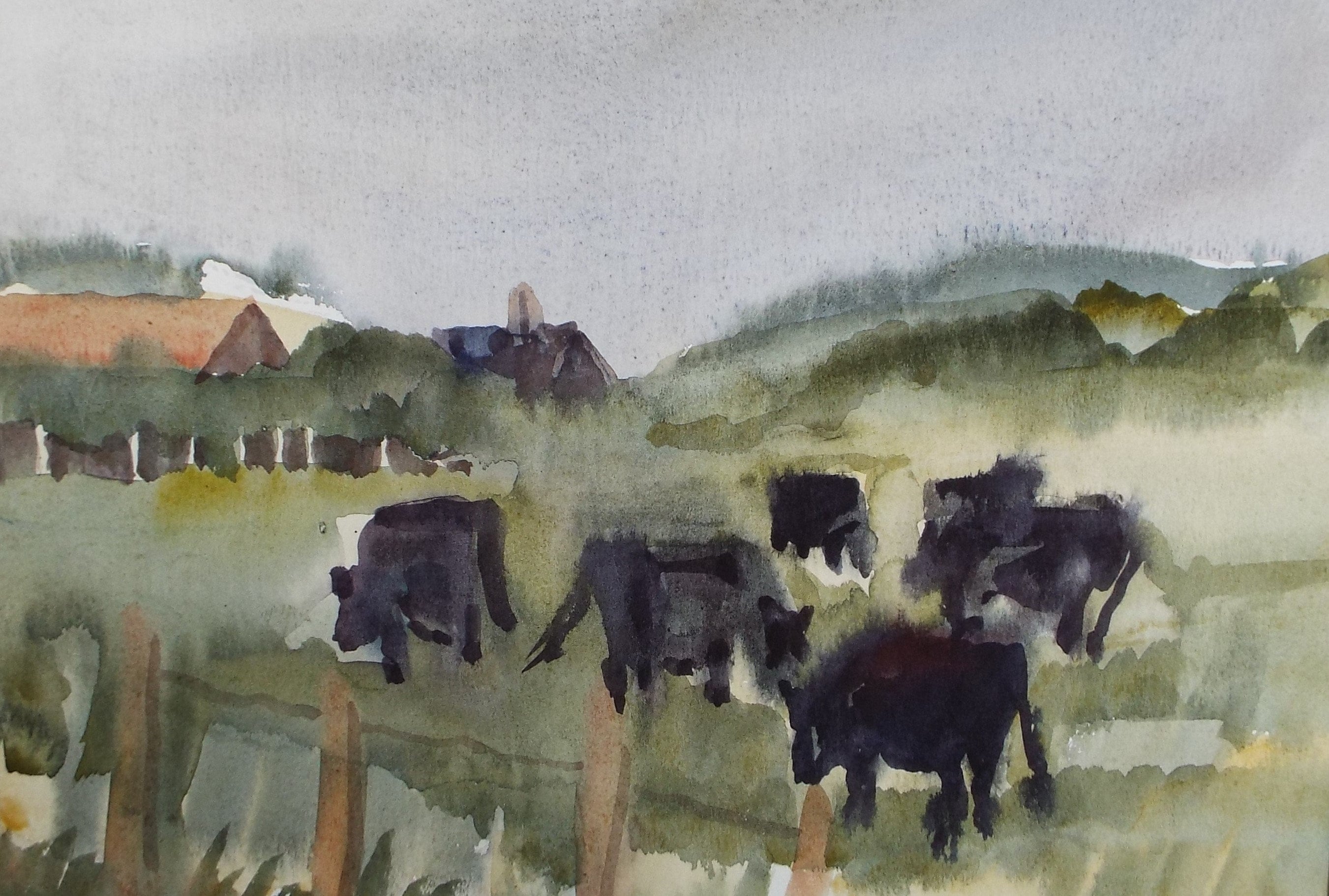 Original Watercolour, 'Cattle Grazing' , Muriel Hayden Inwood, circa 1970's