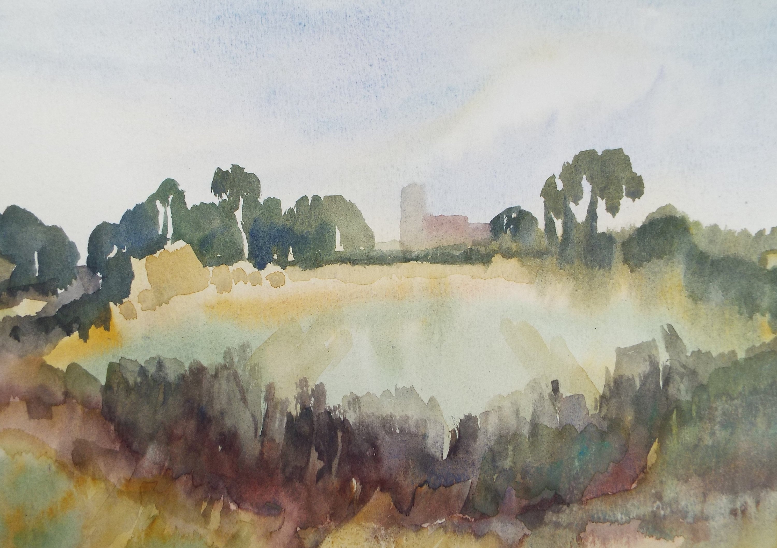 Original Watercolour, 'Fields with Distant Church' , Muriel Hayden Inwood, circa 1970's