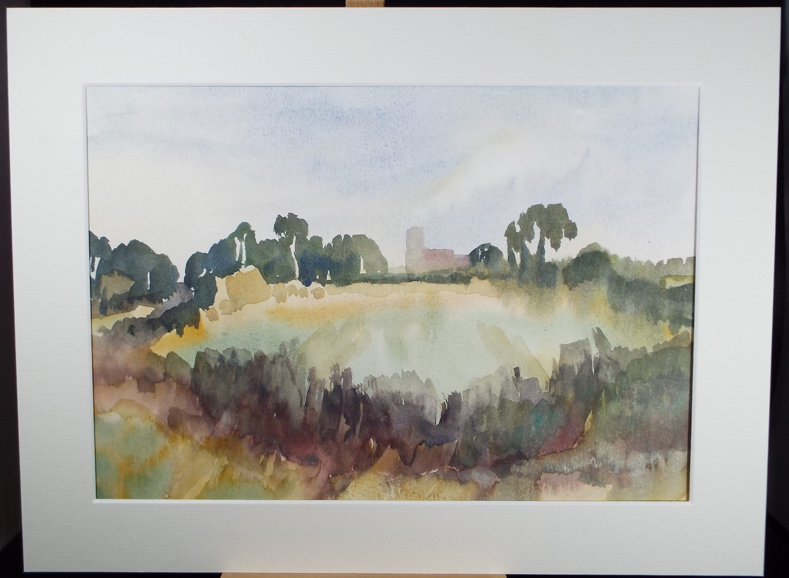 Original Watercolour, 'Fields with Distant Church' , Muriel Hayden Inwood, circa 1970's