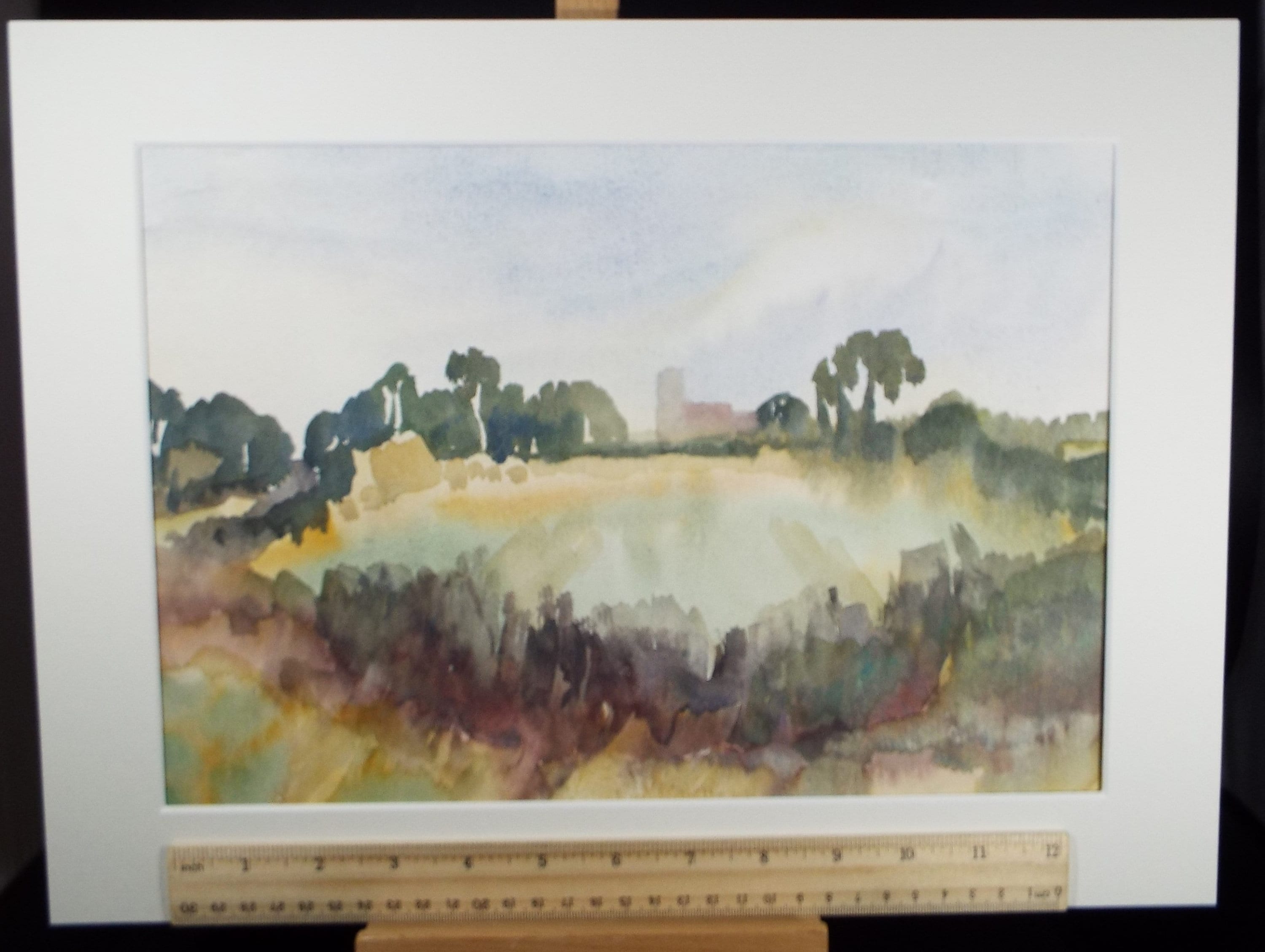 Original Watercolour, 'Fields with Distant Church' , Muriel Hayden Inwood, circa 1970's