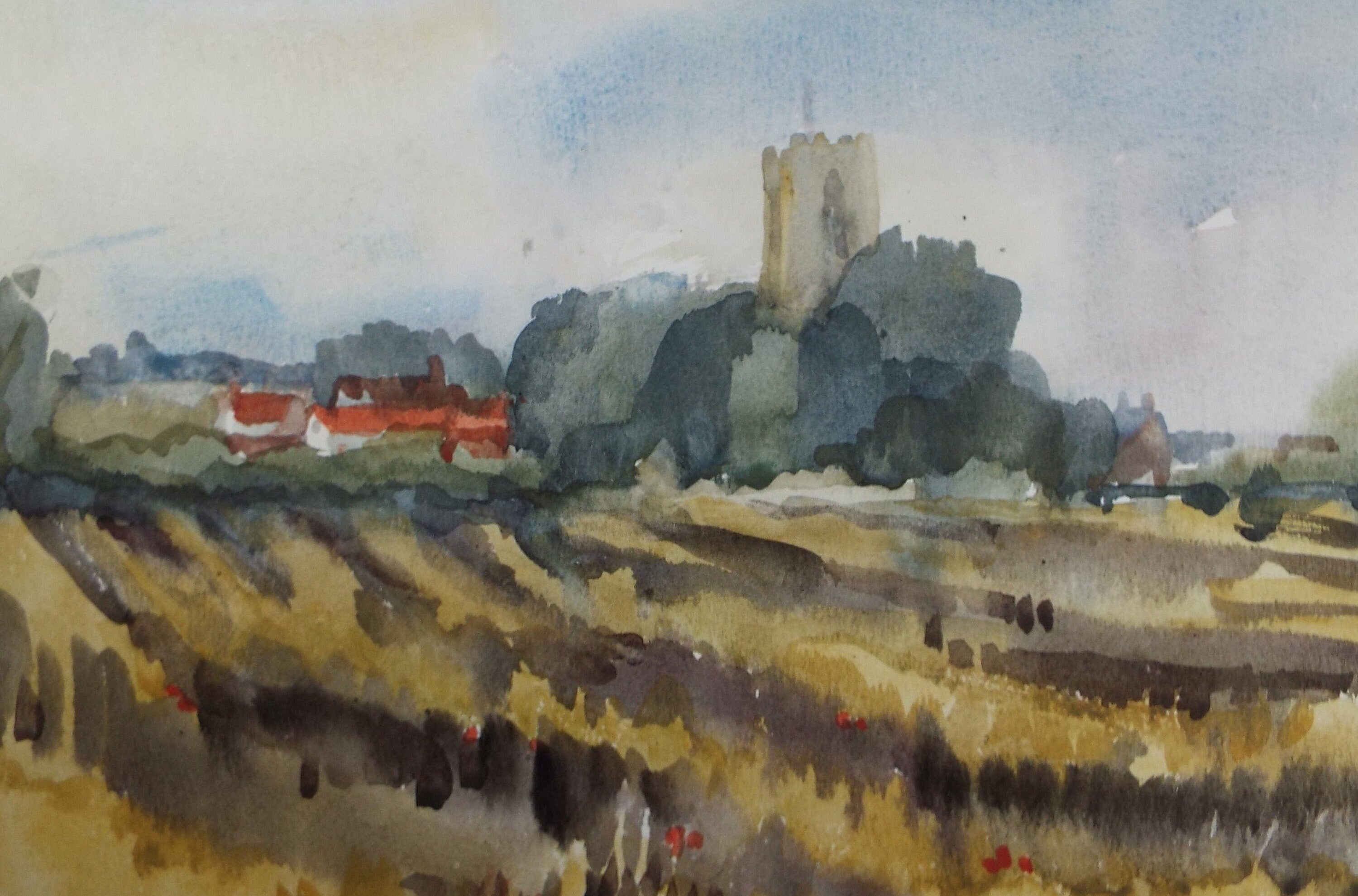 Original Watercolour, 'Cornfields with Village Beyond' , Muriel Hayden Inwood, circa 1970's