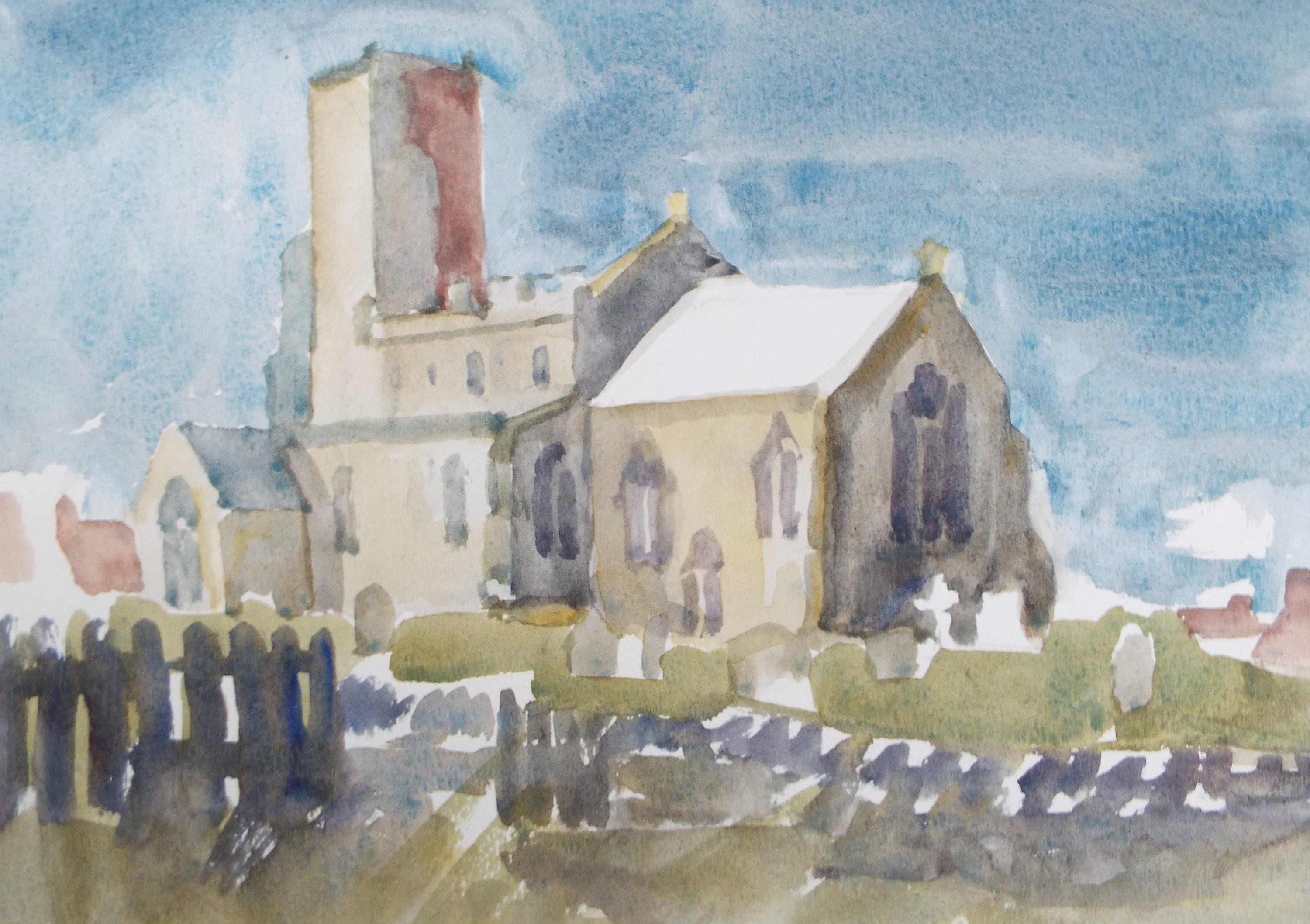 Original Watercolour, 'Village Church' , Muriel Hayden Inwood, circa 1970's