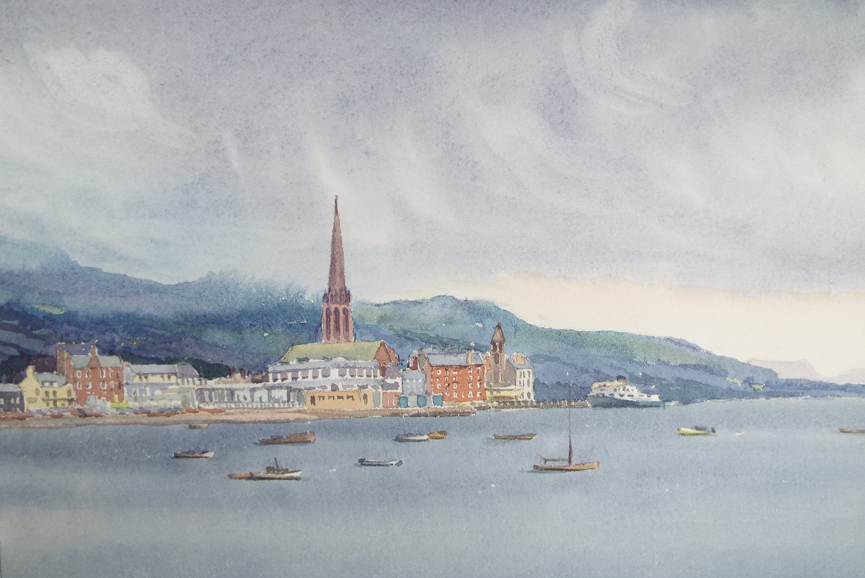 Original Watercolour, 'Coastal Town', George Godfrey (20th Century, Scottish), circa 1960's