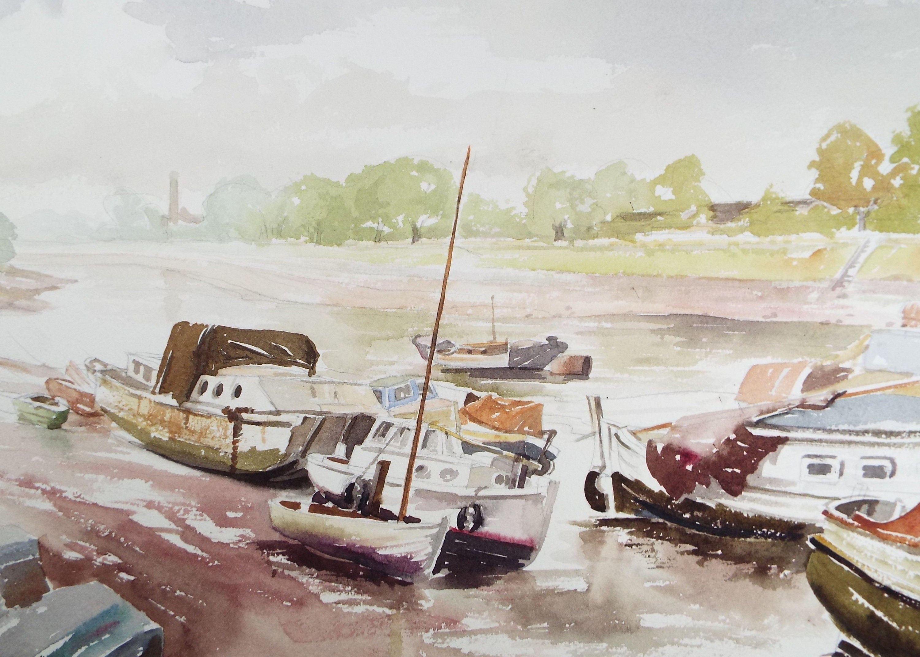 Original Watercolour, 'Thames Boats at low tide', Michael A. Bussey (1930-2014), Circa 1950's