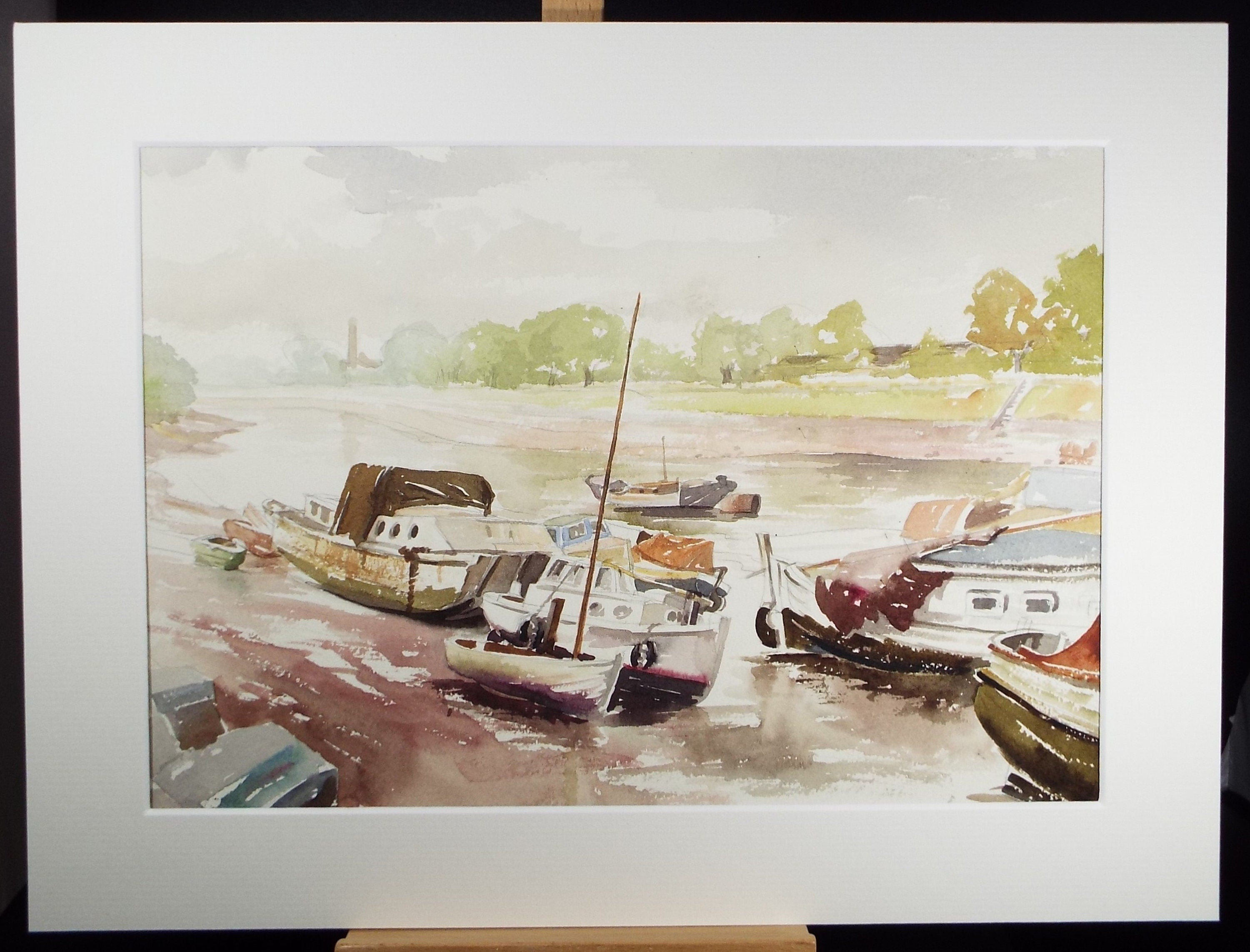 Original Watercolour, 'Thames Boats at low tide', Michael A. Bussey (1930-2014), Circa 1950's