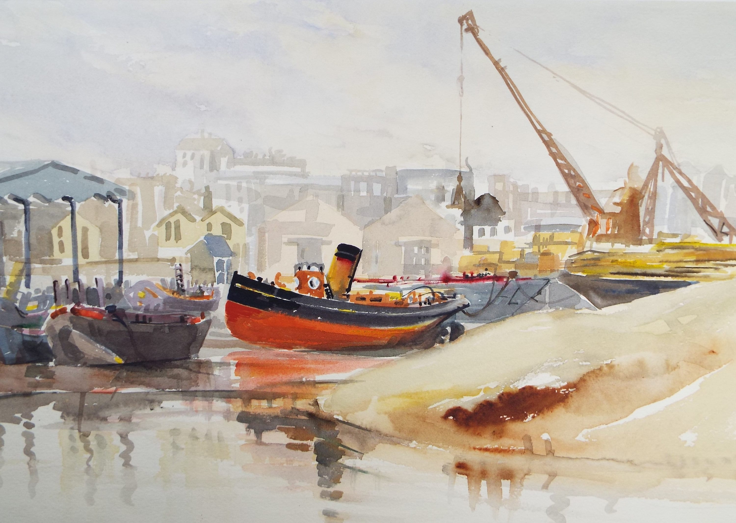 Original Watercolour, 'Boats at low water', Michael A. Bussey (1930-2014), Circa 1950's