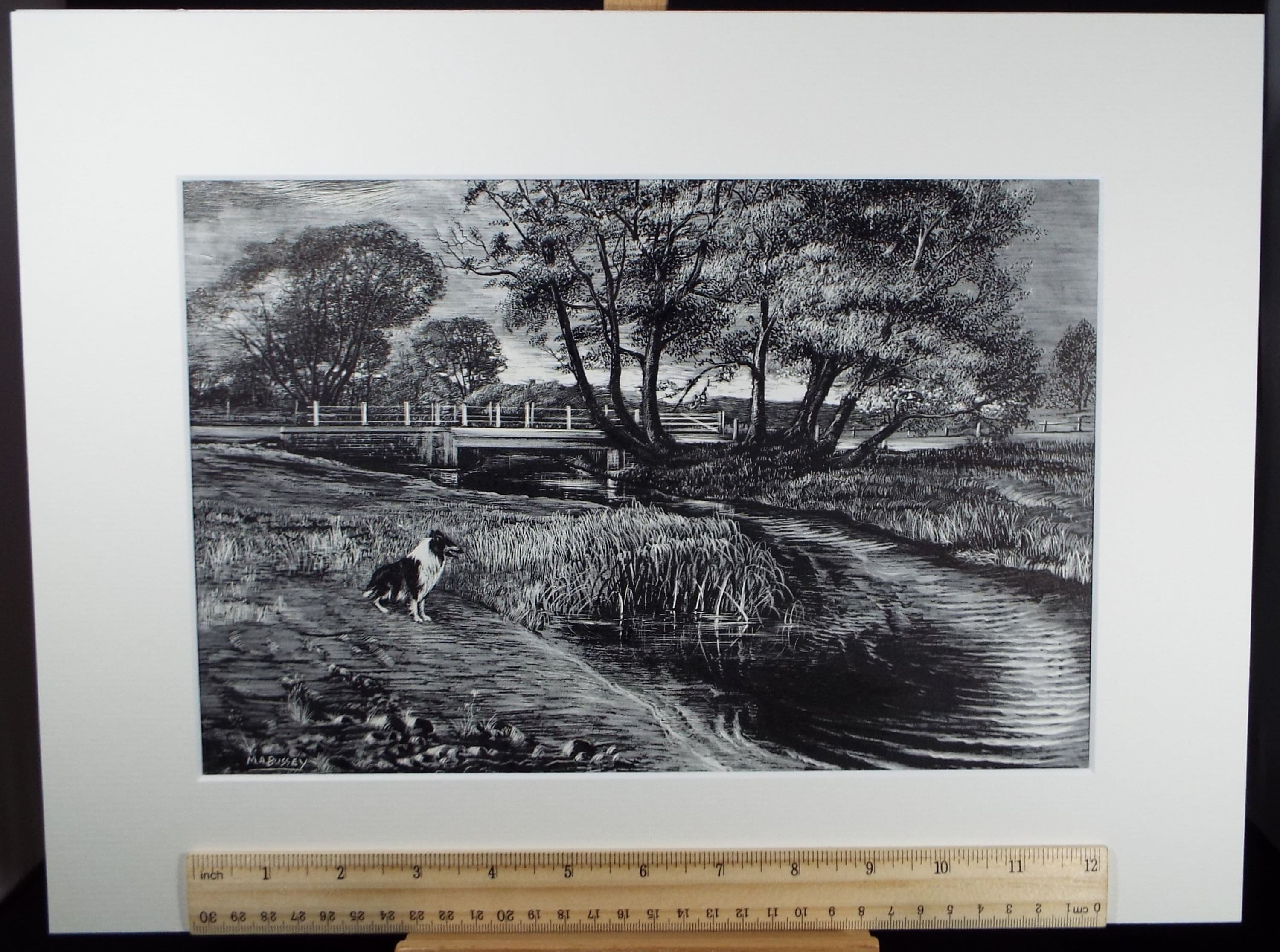 Original Etching on Scraperboard 'River Landscape with Border Collie', Michael A. Bussey, circa 1960's