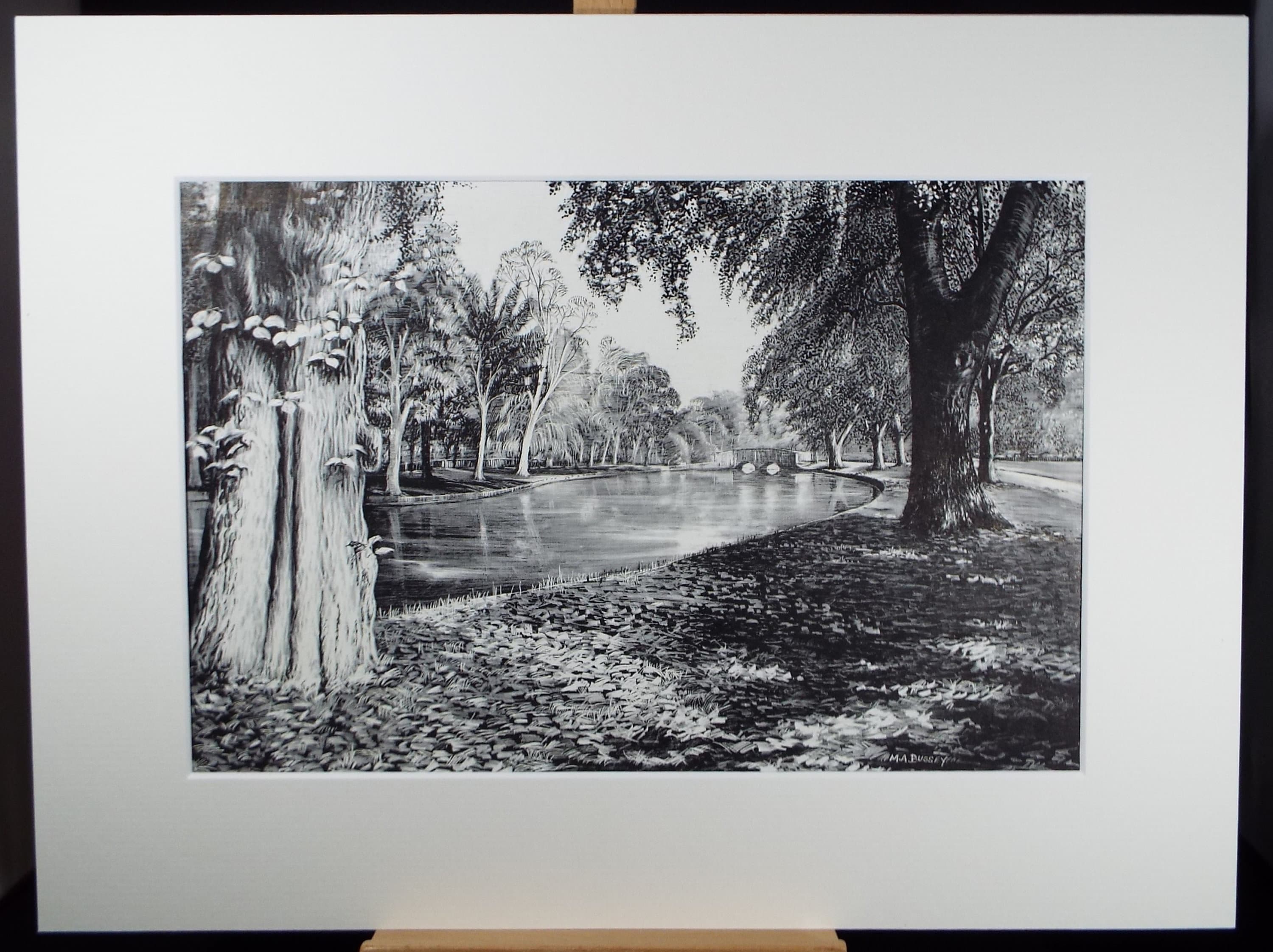 Original Etching on Scraperboard 'Parkland with Lake', Michael A. Bussey, circa 1960's