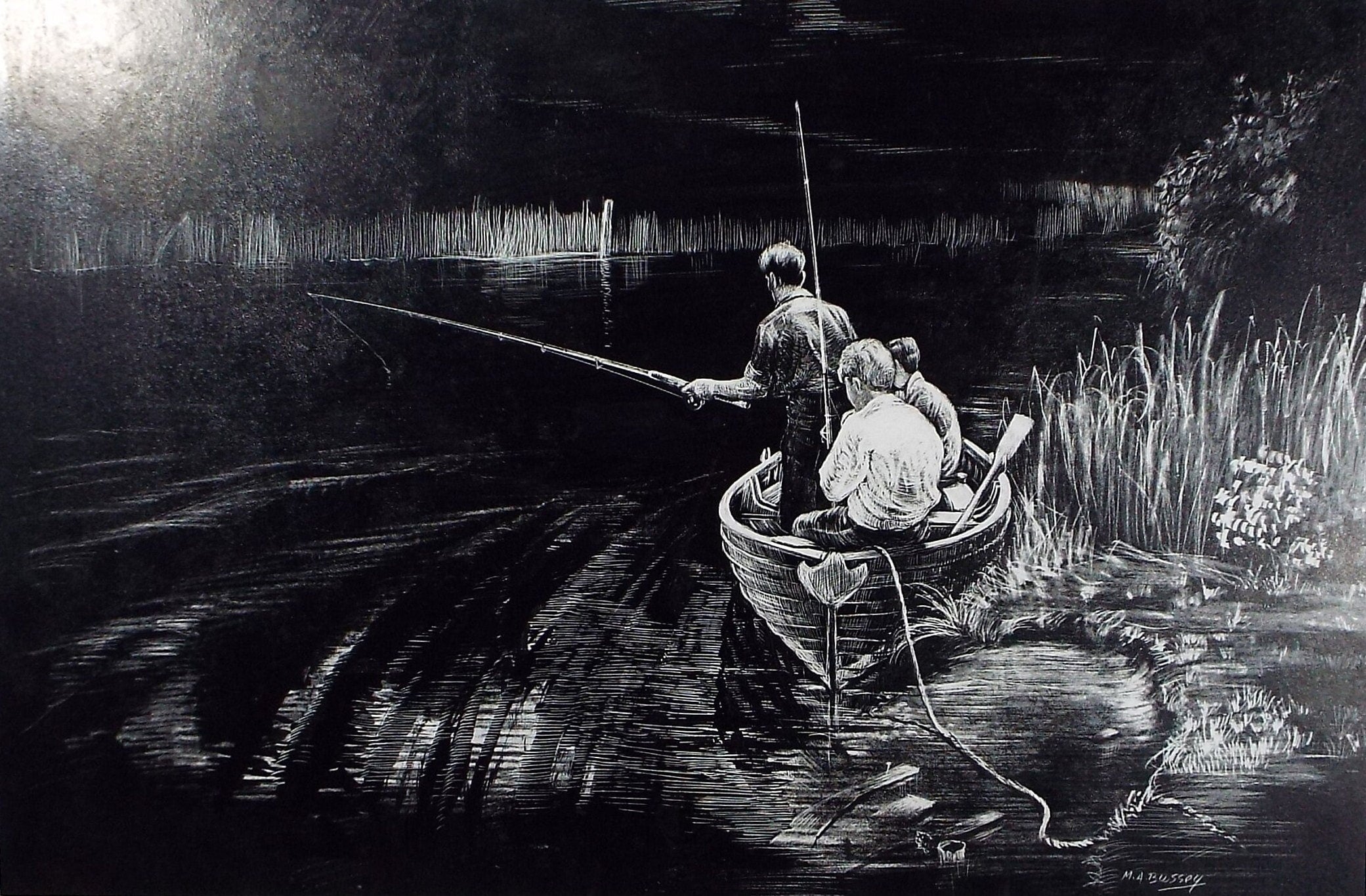 Original Etching on Scraperboard 'Fishing on the Norfolk Broads', Michael A. Bussey, circa 1960's