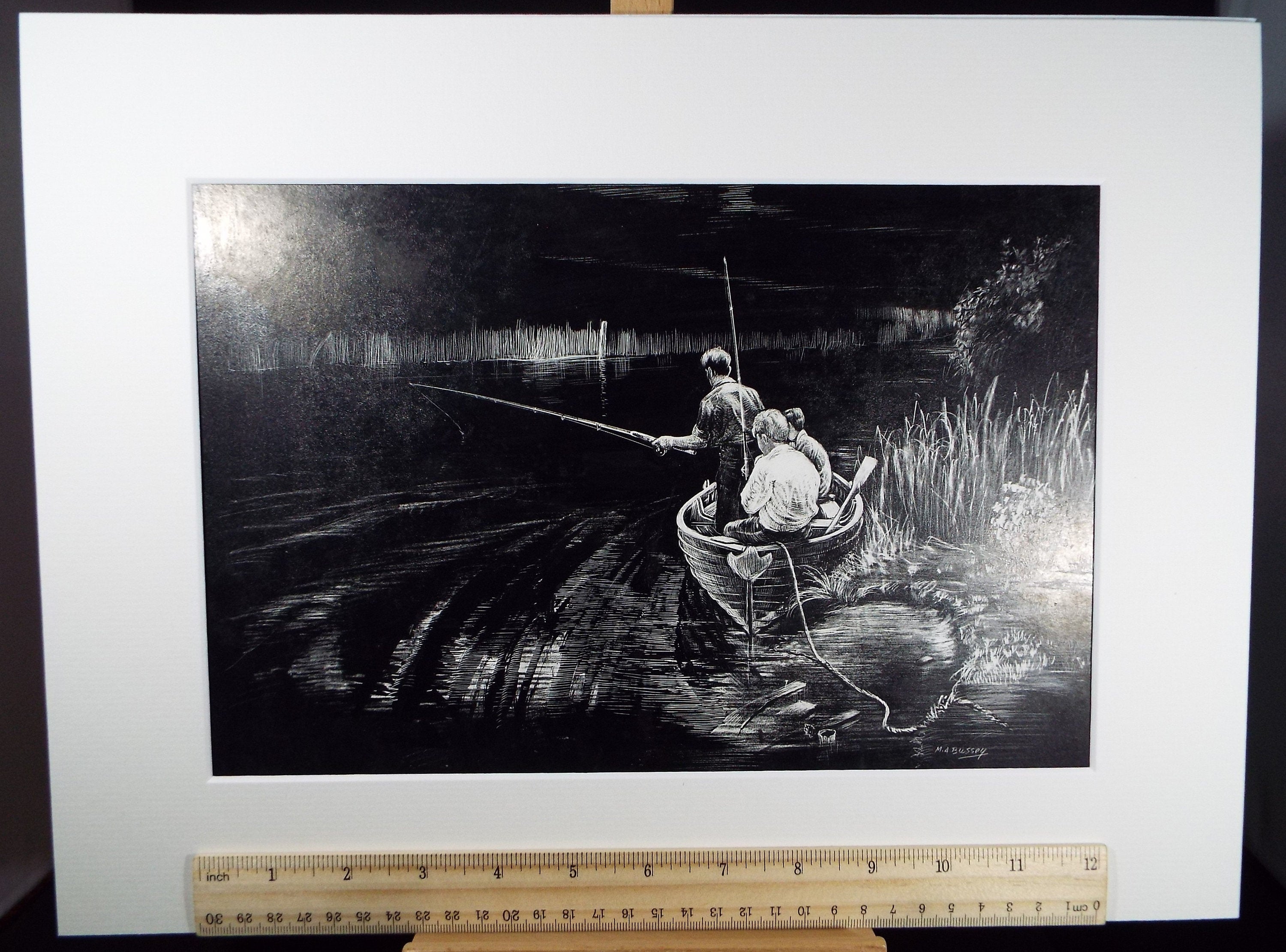 Original Etching on Scraperboard 'Fishing on the Norfolk Broads', Michael A. Bussey, circa 1960's