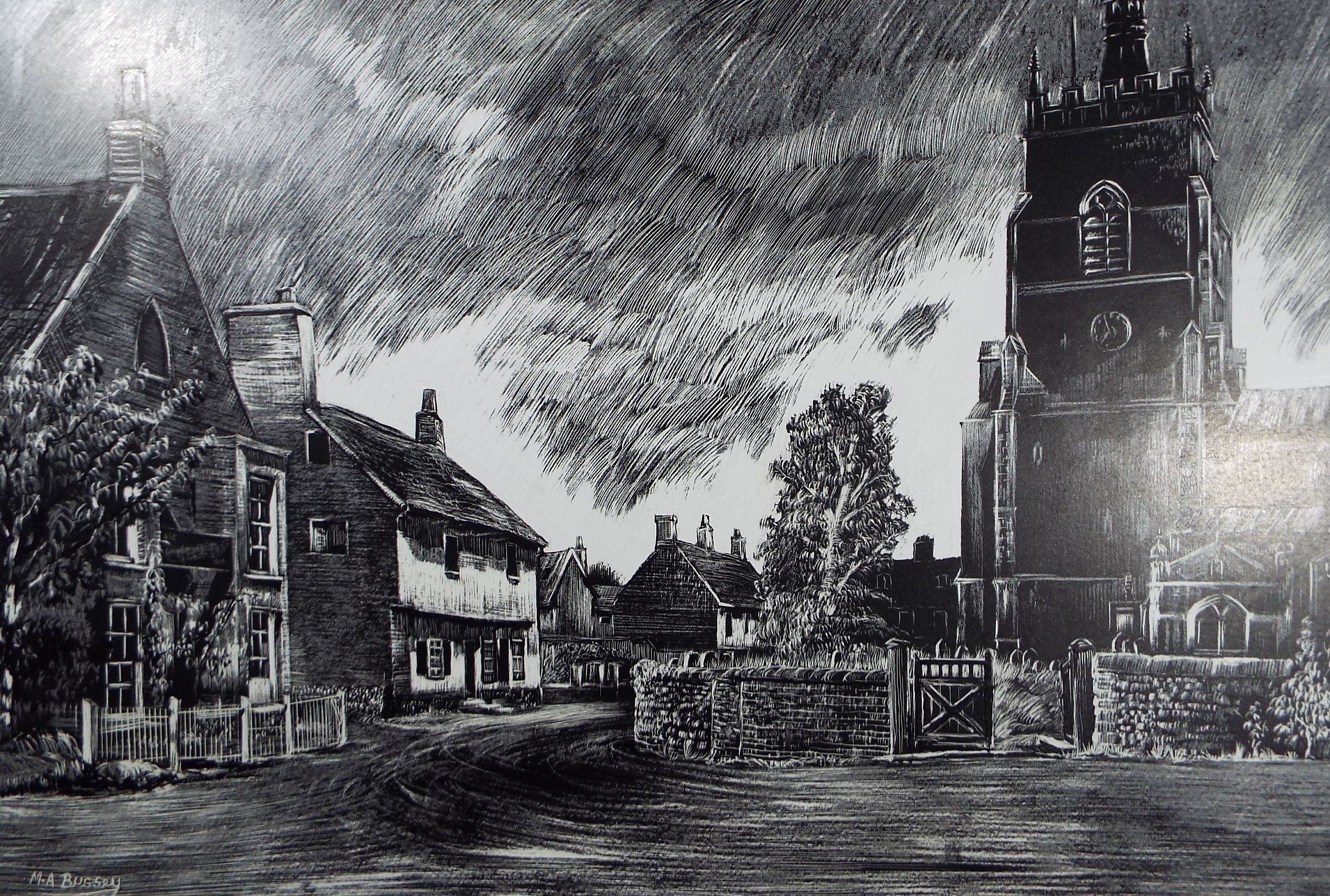 Original Etching on Scraperboard 'A Norfolk Village', Michael A. Bussey, circa 1960's