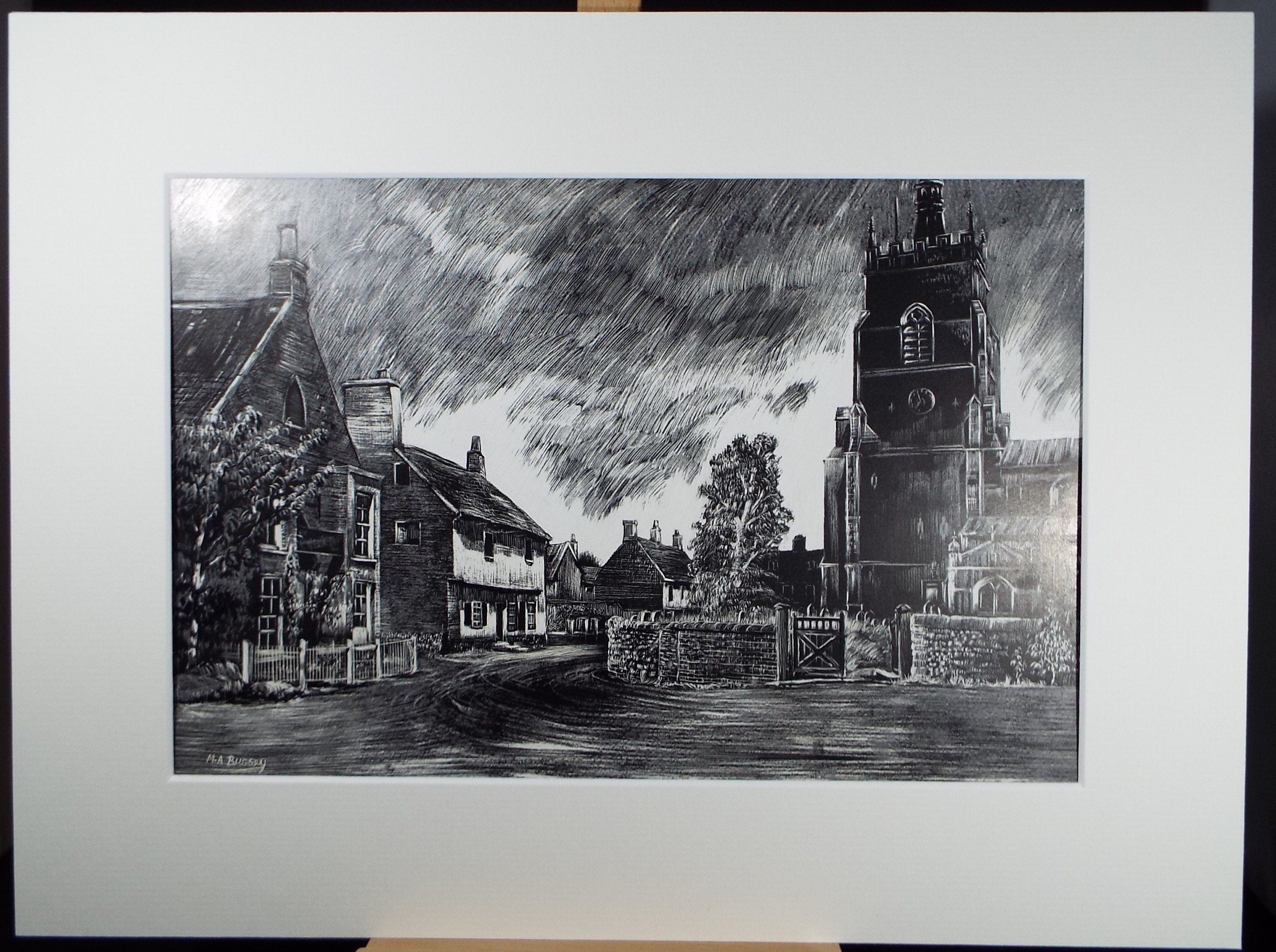 Original Etching on Scraperboard 'A Norfolk Village', Michael A. Bussey, circa 1960's